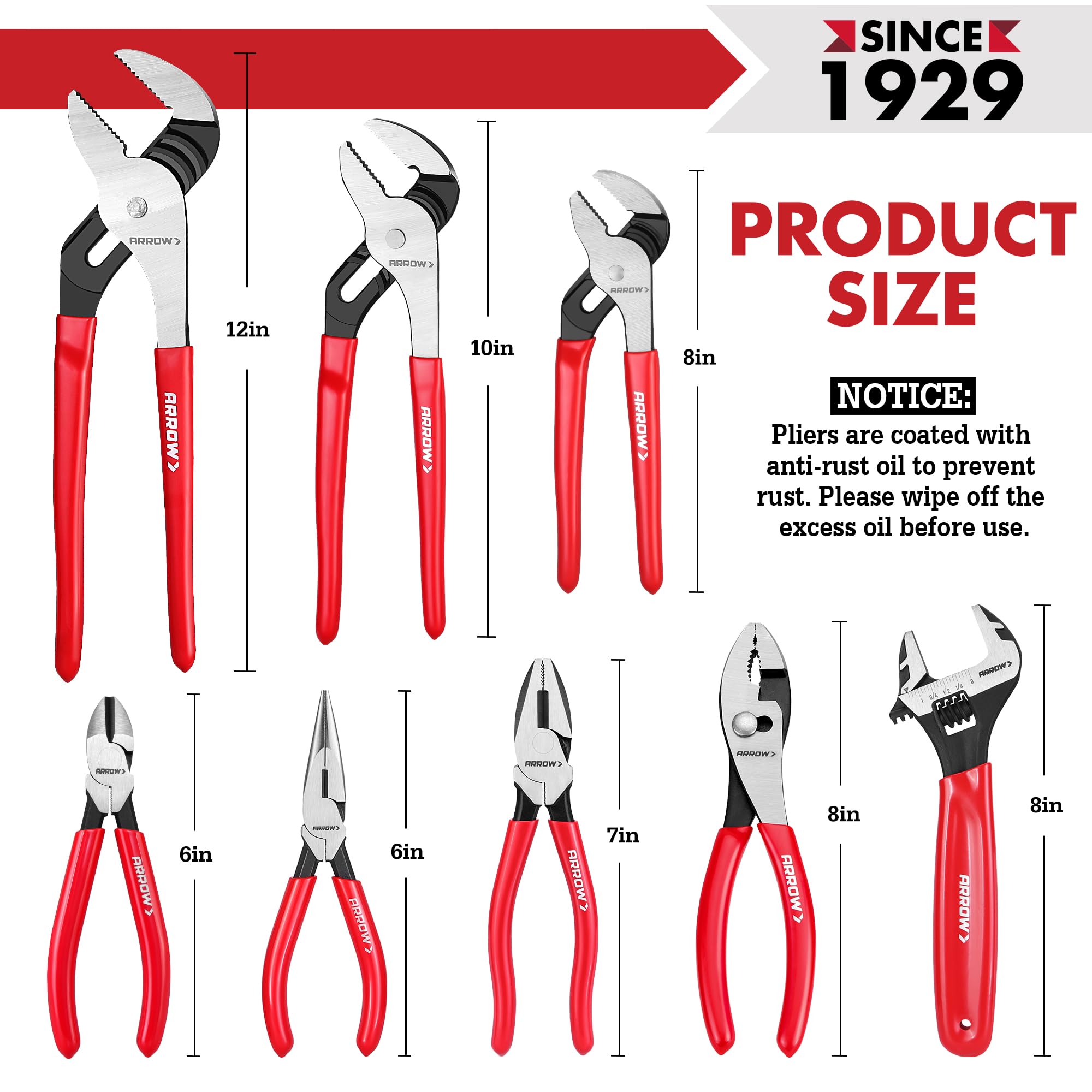 ARROW 8PCS Pliers & Wrench Set, 6" Needle Nose Pliers, 6" Diagonal, 7" Linesman, 8" Slip Joint, 8" & 10" & 12" Groove Joint and CRV 8" Adjustable Wrench, Portable Rolling Bag With Handle