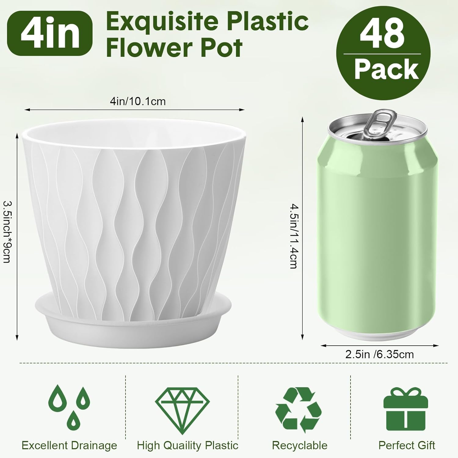 48 Pack 4 Inch Plant Pots Bulk Small Pots for Succulents Waffle Texture Plastic Planter with Drainage Holes and Saucers for Indoor Outdoor Plants Flowers, Seedlings (White)