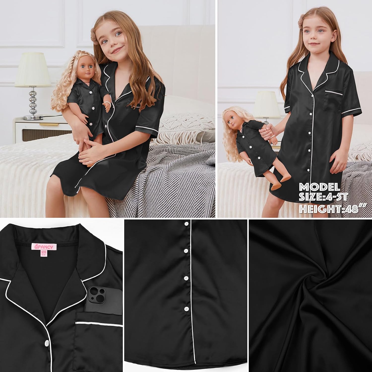 QPANCY Matching Girls & Doll Satin Nightgowns Short Sleeve Button Down Nightshirt Pajama Silk Night Dresses Loungewear