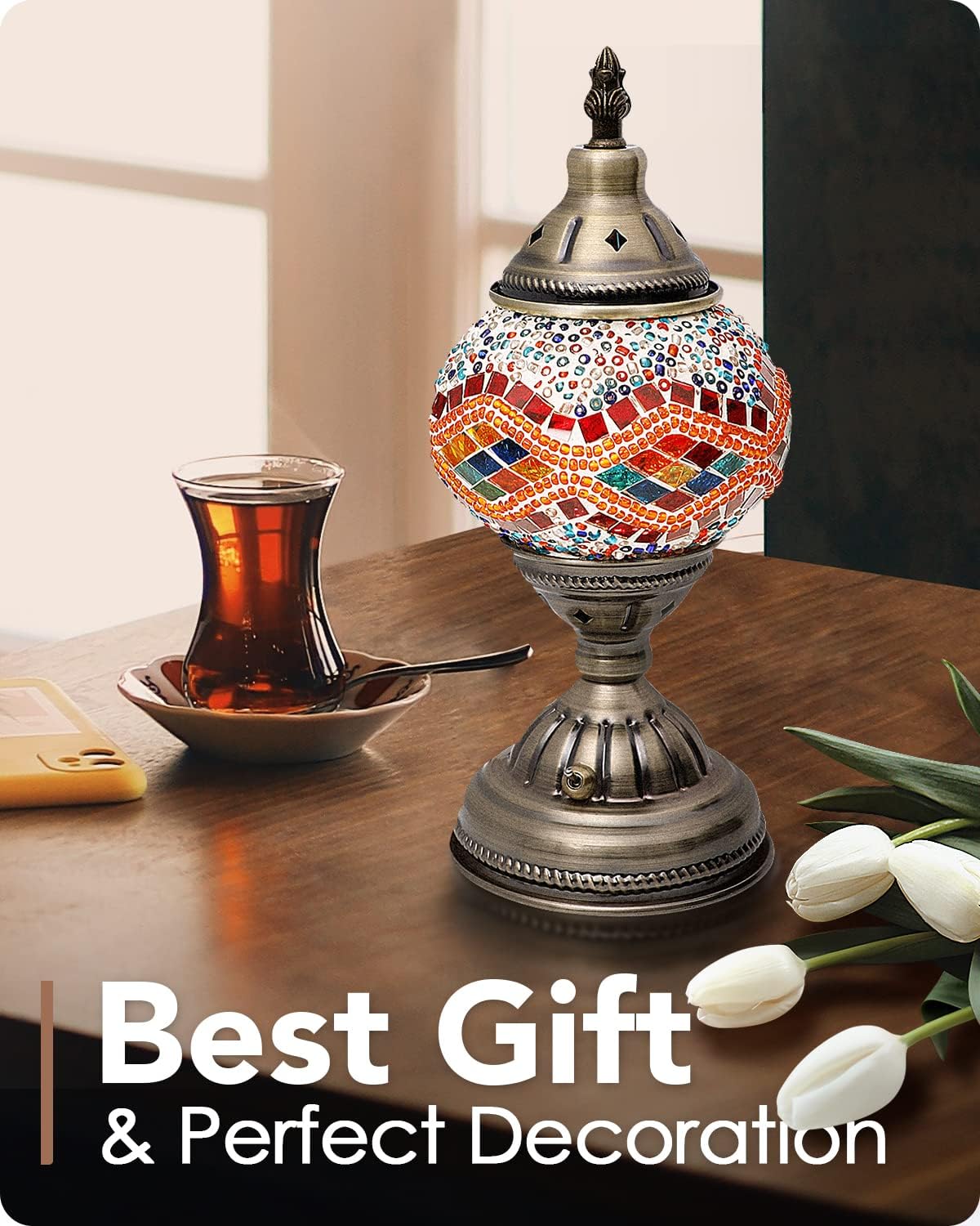 Yarra-Decor Turkish Moroccan Lamp with Bronze Base Handmade Tiffany Mosaic Glass Lamps Portable Bedside Lamps with Rechargeable Battery 2000mAh (LED Bulb Included) (Orange2)