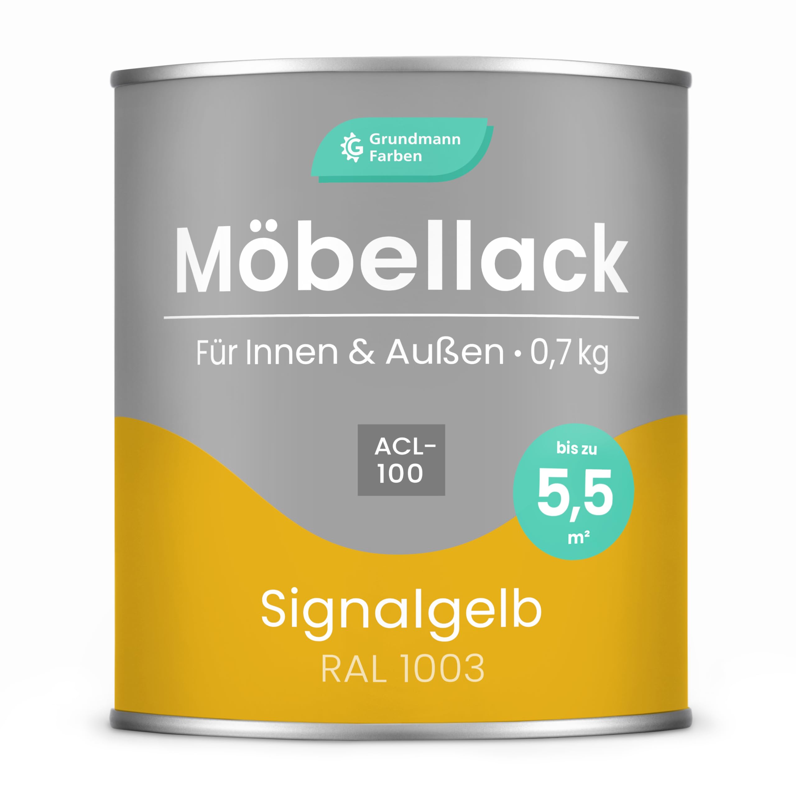 Grundmann Möbellack ACL 100 - Gelb 0,7 Kg - Lösemittelfrei & Geruchsarm - 4in1 Möbelfarbe inkl. Grundierung - Innen und Außen - Für Holz, Metall & Kunststoff - Signalgelb RAL 1003