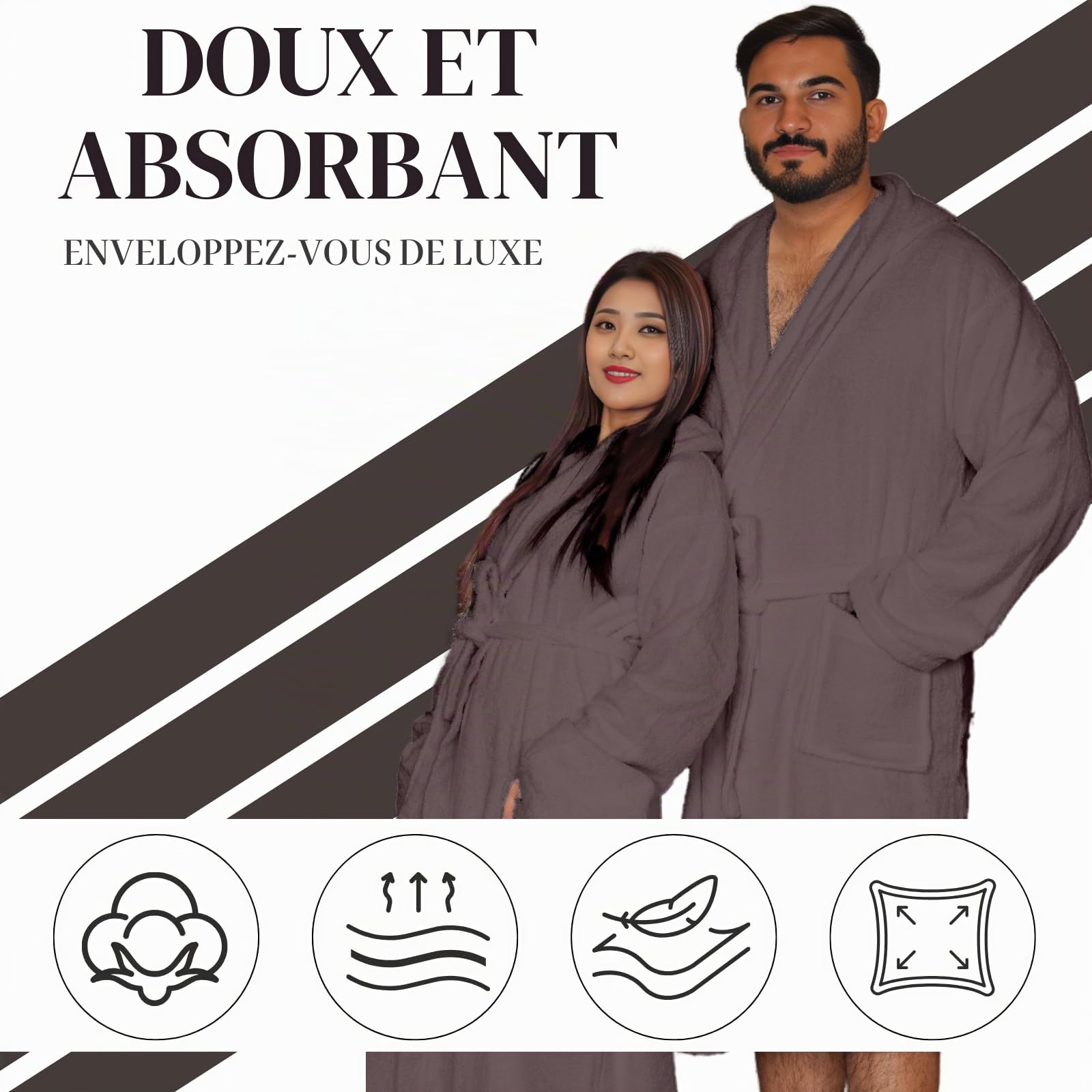 Peignoirs 100 % coton égyptien tissu éponge Terry doux Robe de chambre luxueuse Dressing unisexe avec capuche Peignoirs extra absorbants Qualité hôtel 650 GSM Robes de chambre douillettes