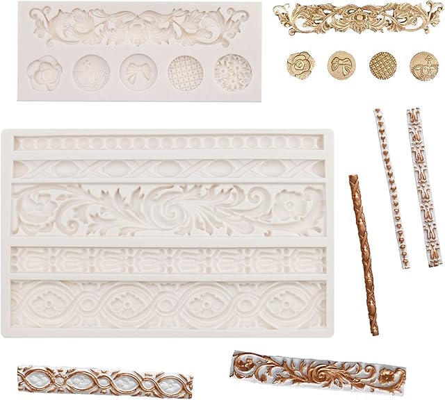 2 Pcs Fondant Lace Mould, DIY Baroque Silicone Cake Mold Scroll Border Embossed Lace Molds Mat Curlicues Baking Decorating Tools for Gum Paste Icing Cake Cupcake Topper Polymer Clay Decoration (White)