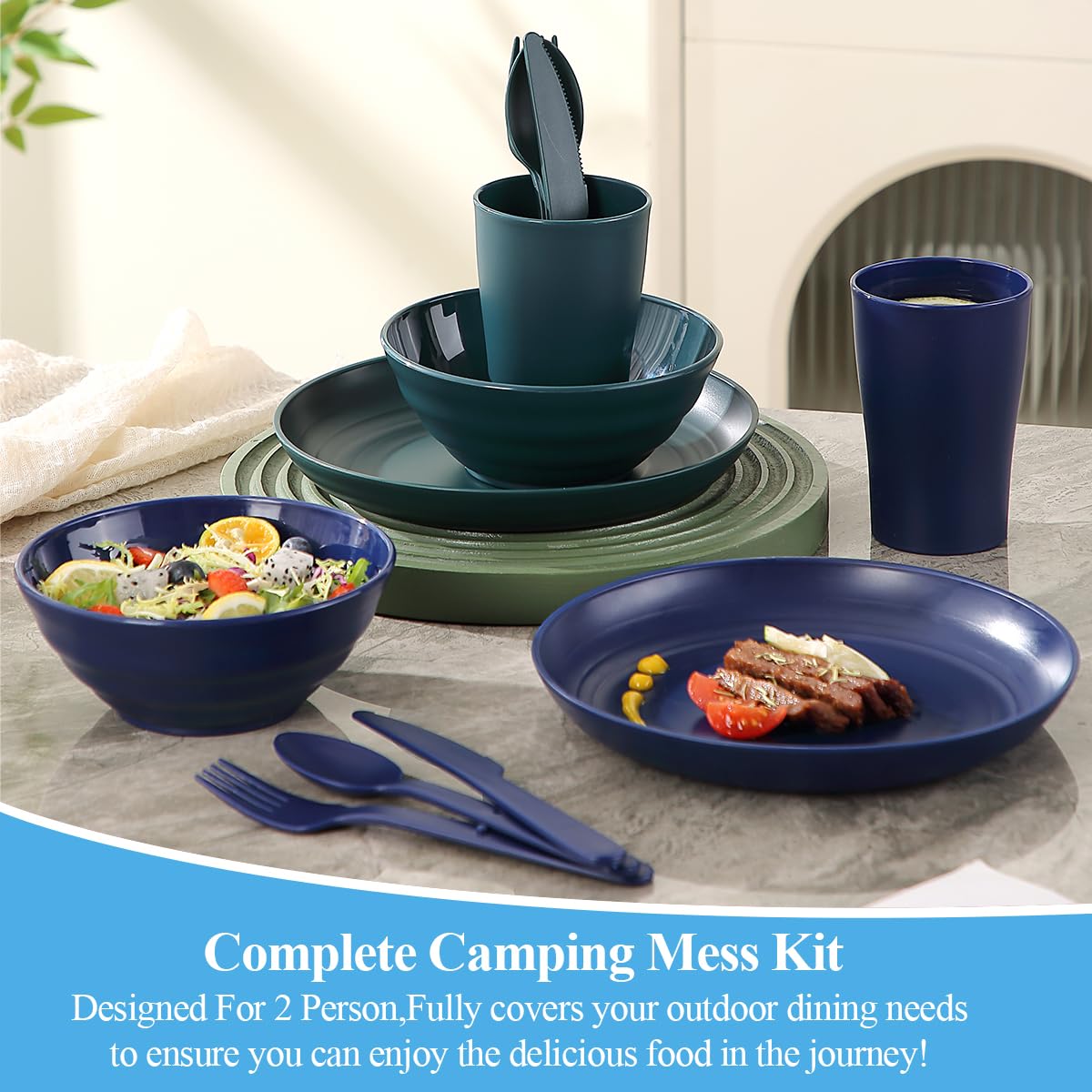 Utensili da campeggio per 2 con ciotola, piatto, tazza, cucchiaio, forchetta, coltello e borsa per il trasporto, accessori da campeggio in plastica Attrezzatura essenziale per viaggi, picnic
