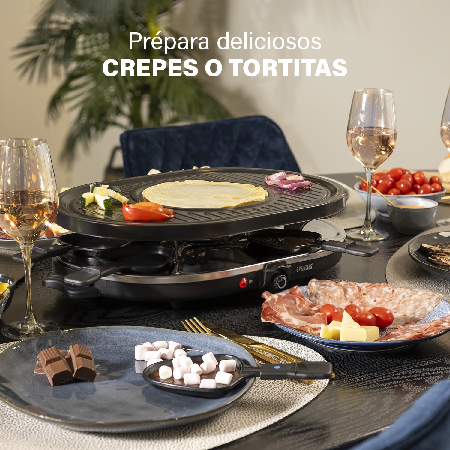 Princess 162700 Oval Grill Party – Raclette y parrilla, con parte diseñada especialmente para creps, 8 personas