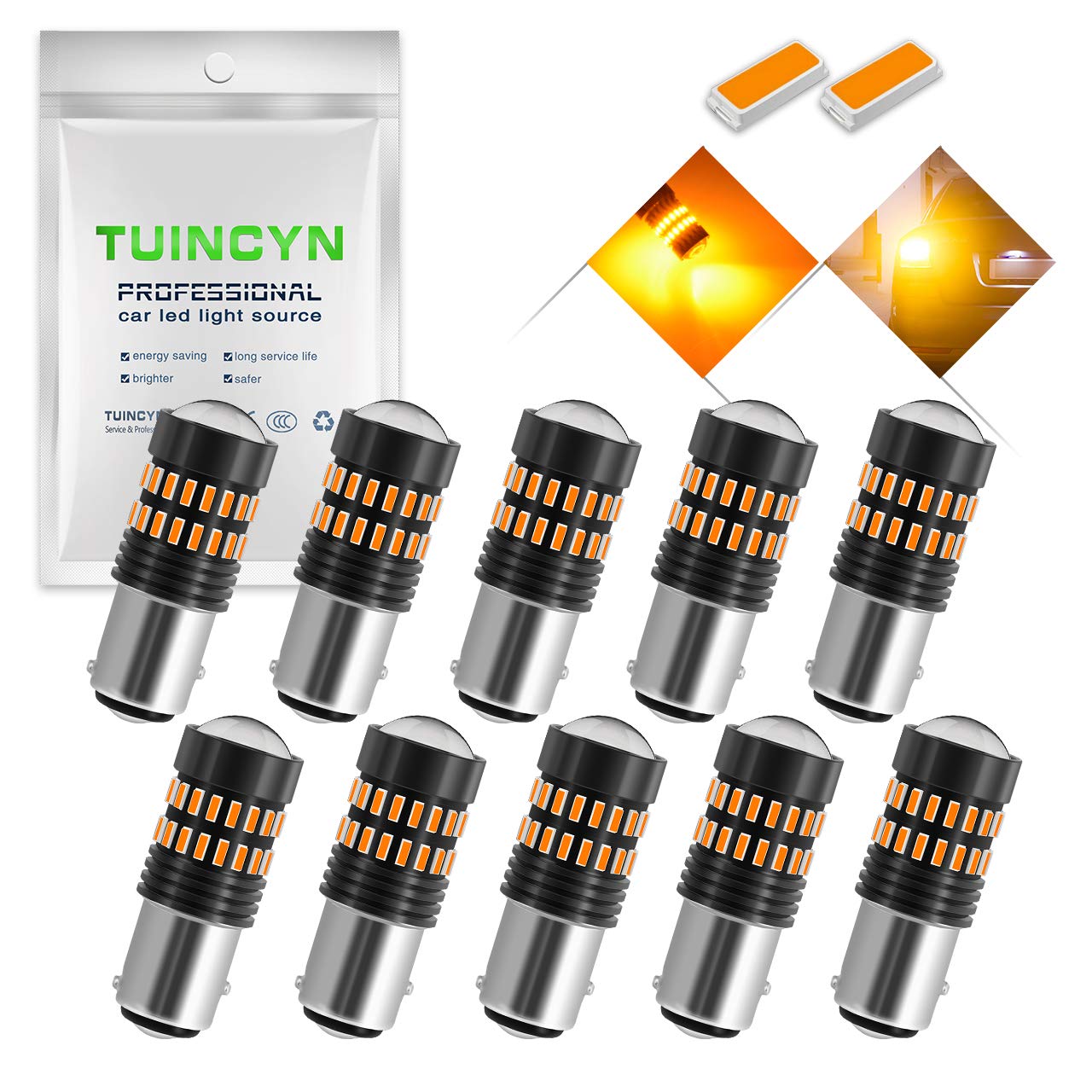 TUINCYN 1157 Bombillas LED Señales de giro amarillas ámbar BAY15D 1016 1034 1157A 4014-48SMD Chips LED Luz intermitente trasera Luz de freno Luz de estacionamiento inversa(paquete de 10)