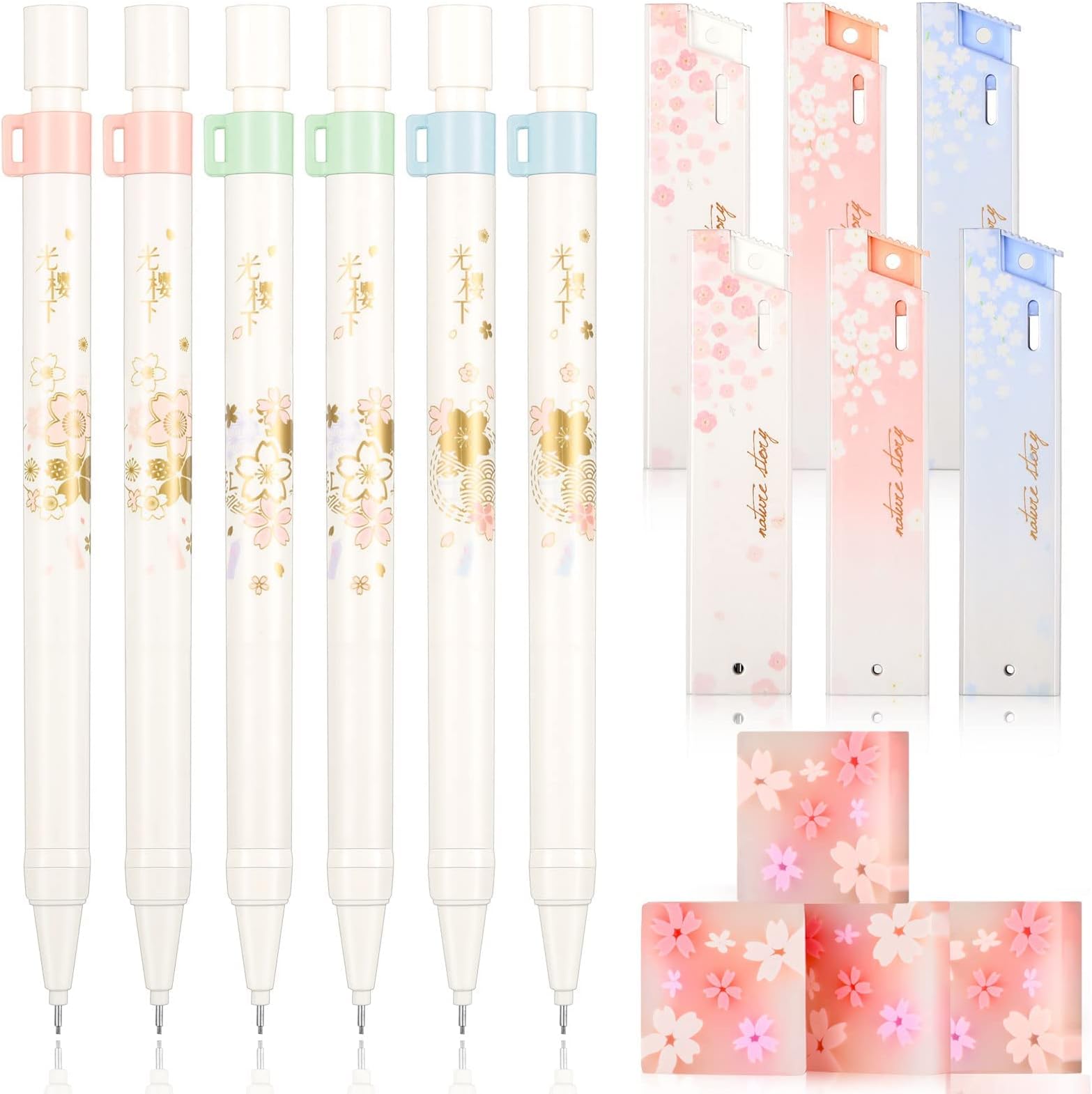 Cherry Mechanical Pencil Set Include 6 Pcs Japanese Kawaii Automatic Drafting Pencil with 6 Tubes Pencil Refill and 4 Pcs Cute Cherry Erasers for Sketching Architecture Drawing (0.7 mm)