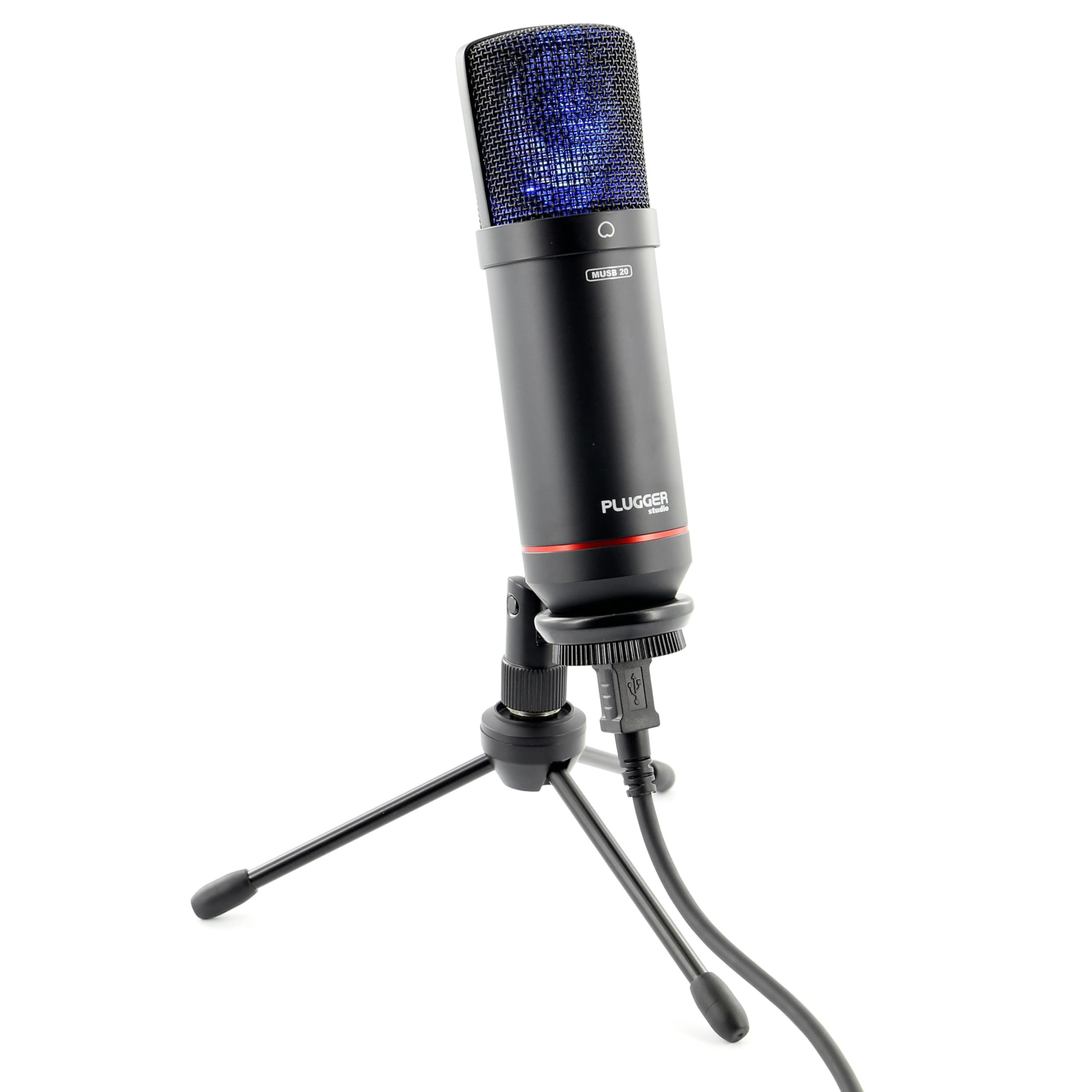 Plugger Microphone condensateur USB professionnel MUSB 20 Cardioïde Noir. Streaming, Podcast, Gaming, Enregistrement voix pour PC Windows et Mac. Trépied, pince et bonnette inclus. Plug & play.