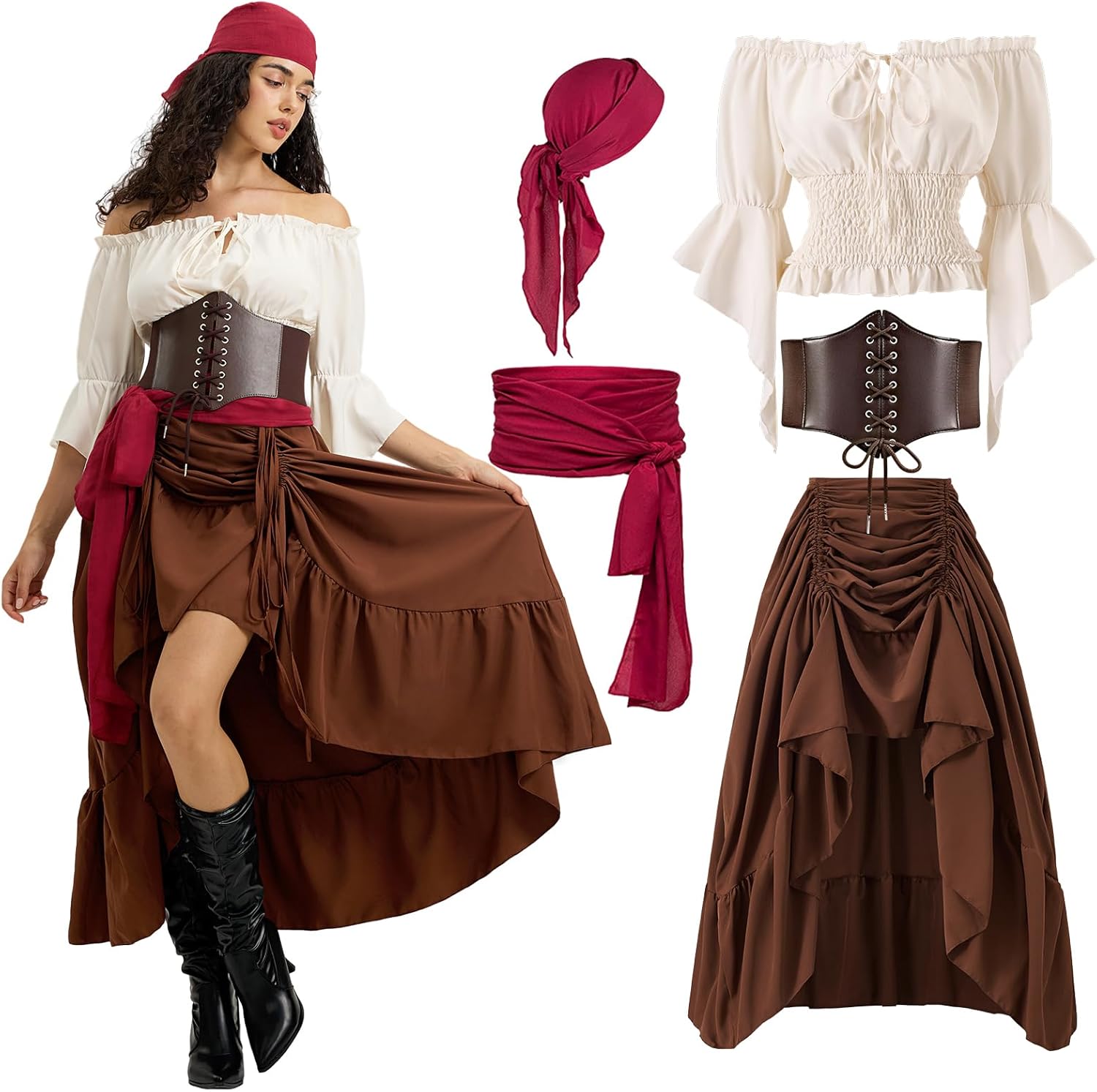 Women Pirate Costume with Peasant Blouse Off Shoulder Trumpet Sleeve Tops Victorian Steampunk Skirts Brown Large