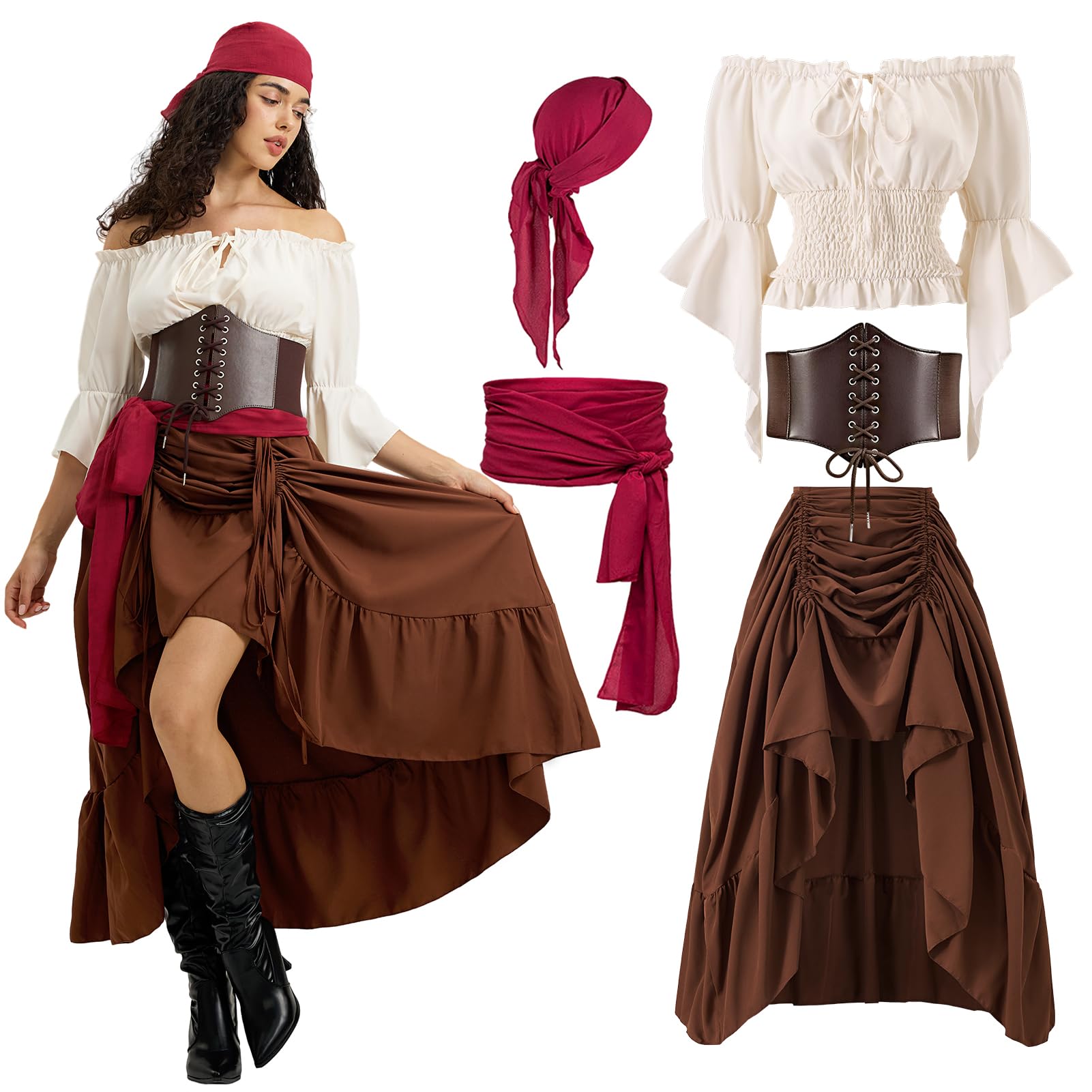 Piratenkostüm Damen, Mittelalter Piraten Kostüm Set, mit Piraten Accessoires Piraten Kopftuch, Taillengürtel, Mittelalter Kleid Damen mit Piraten Korsett, für Karneval Fasching, Halloween, Mottoparty