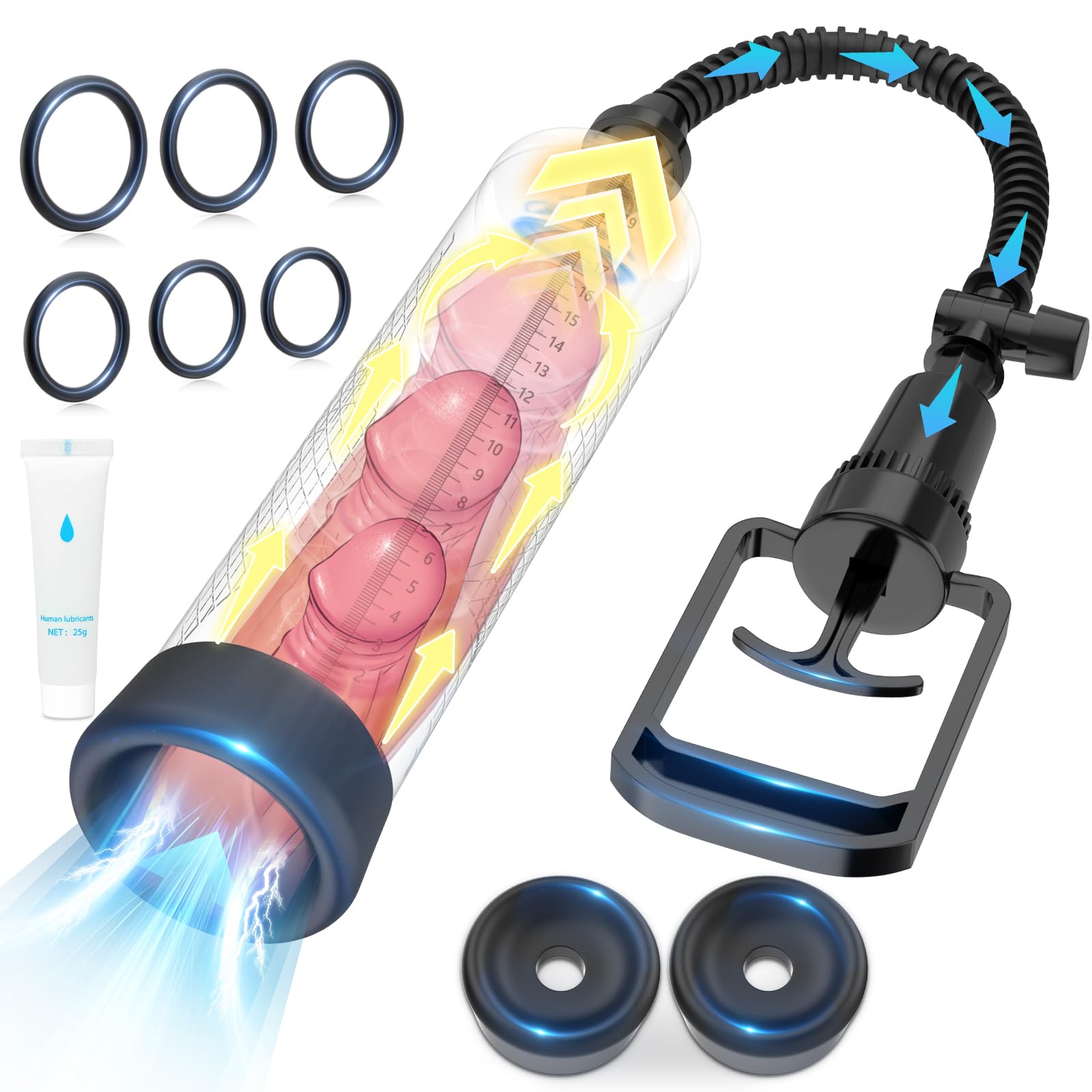 Penispumpe, männliches Sexspielzeug für Männer, manueller Penis – Pumpen und Vergrößerungsgeräte, Penisvergrößerung für größere Erektionen mit Masturbator-Cup und 2 Saughülsen und 6 Penisringen
