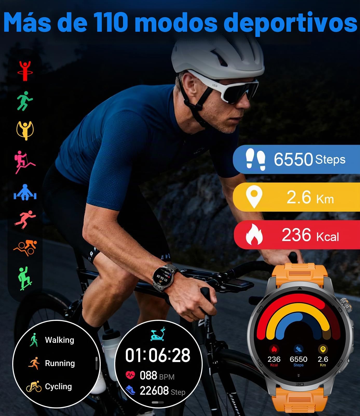 Reloj Inteligente Hombre, Pantalla Grande de 1,85"/Llamada Bluetooth/1000mAh/Torcha LED, Smartwatch Hombre con Frecuencia Cardíaca/Sueño/IP68/110+ Modos Deportivos Android iOS, Negro-Silicona
