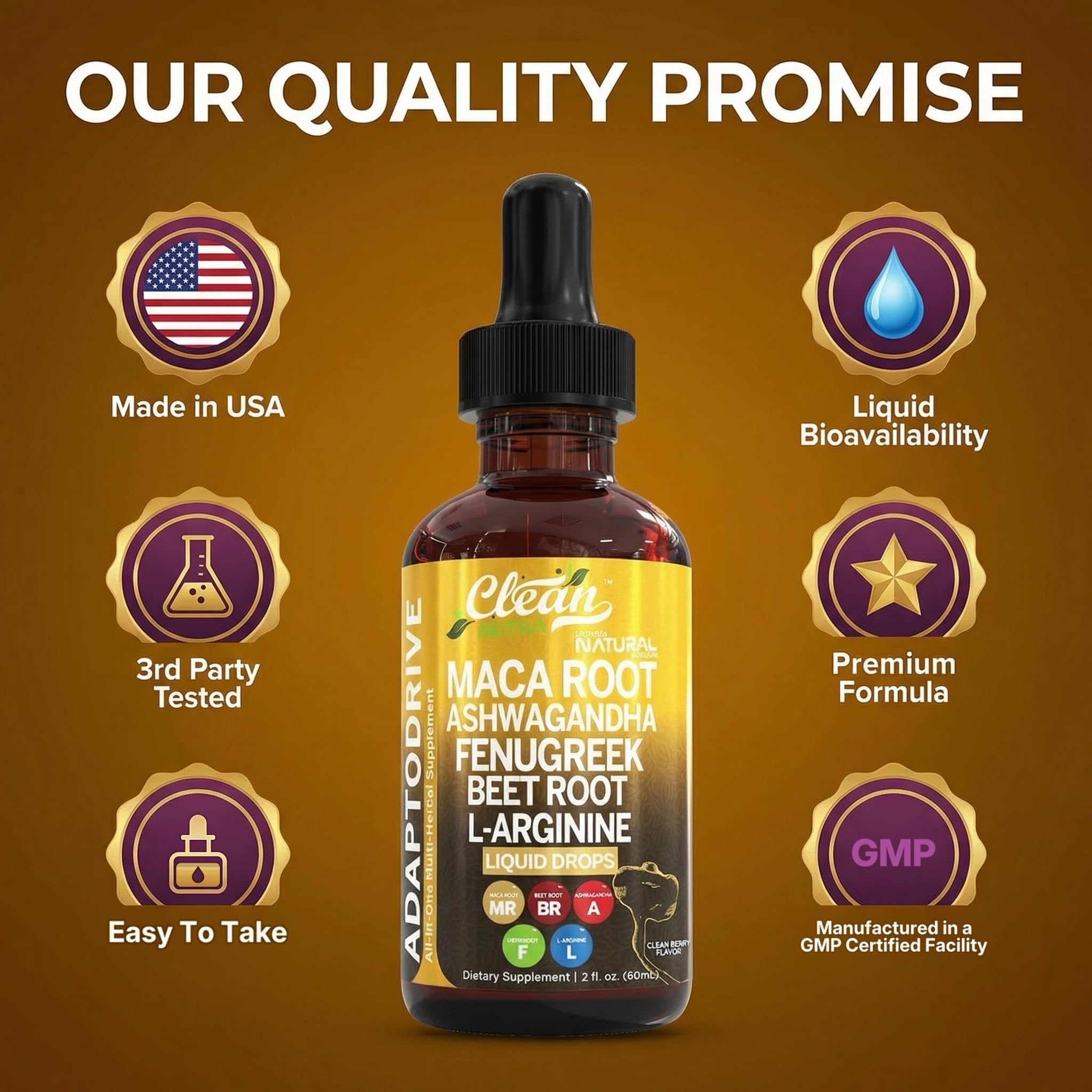 Clean Nutra Organic Maca Root Liquid Drops with Ashwagandha, Fenugreek, Beet Root and L-Arginine Liquid Multivitamin for Women and Men - Adapto Drive — Amazon image 7