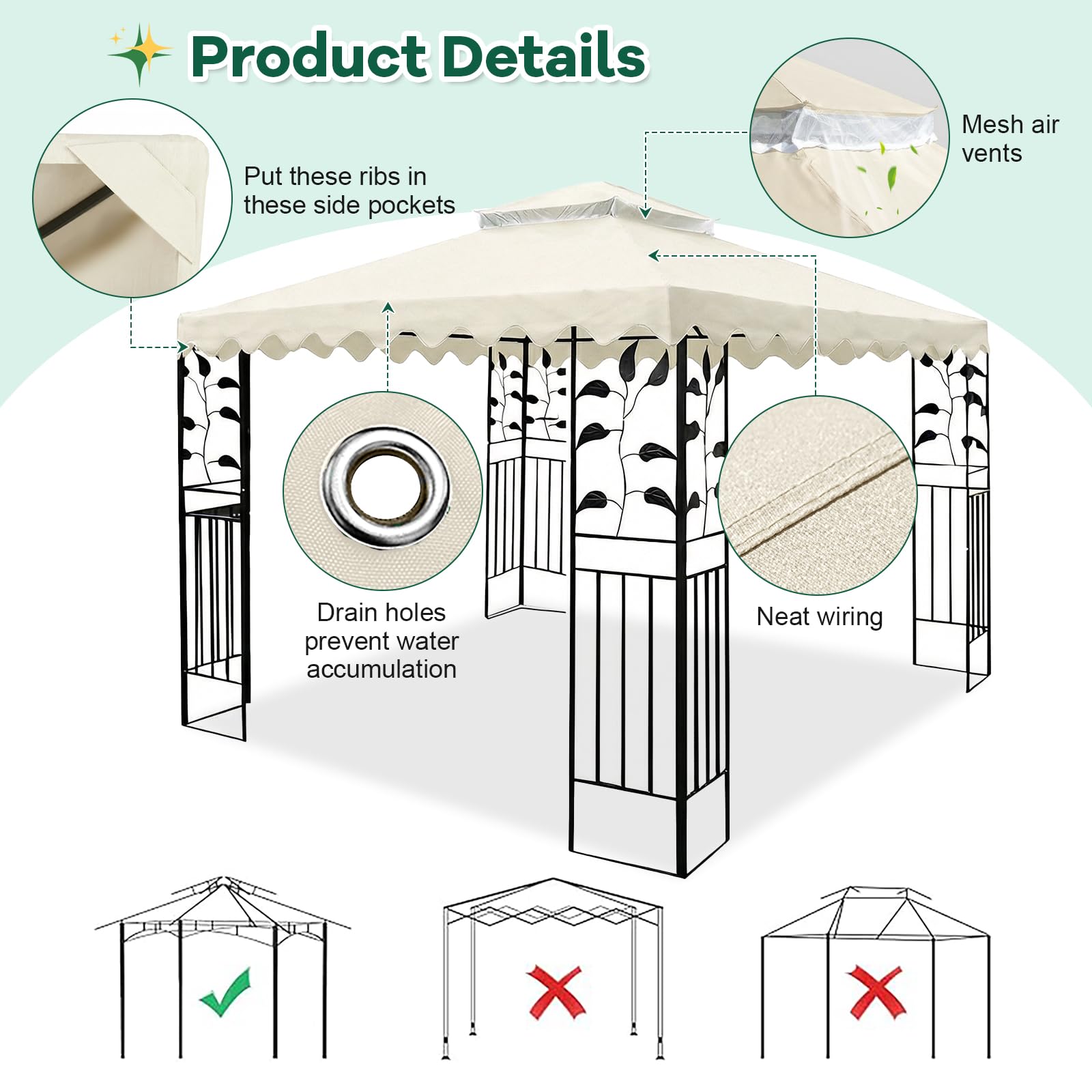 Tetto di ricambio per gazebo, 3 x 3 metri, impermeabile, 300 g/m² rinforzato, tetto di riserva, doppio strato con protezione UV e ventilazione, adatto per molti gazebo da barbecue e da giardino
