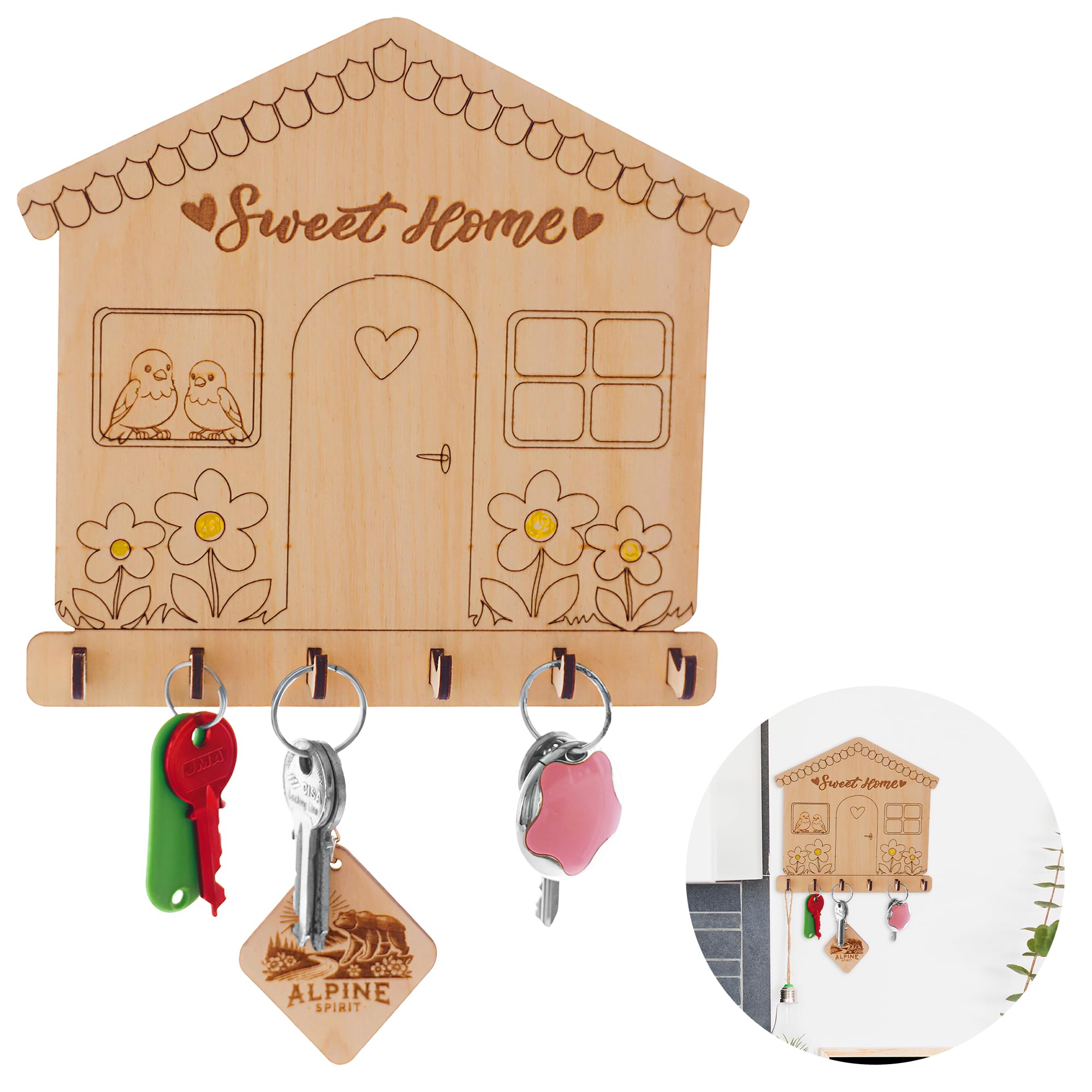 MoniDecor ® Colgador Llaves en Madera con 6 Ganchos Grabado a Laser | Cuelga Llaves Pared Colgador Llaves Pared Organizador Llaves Porta Chaves Cuelga Llaves