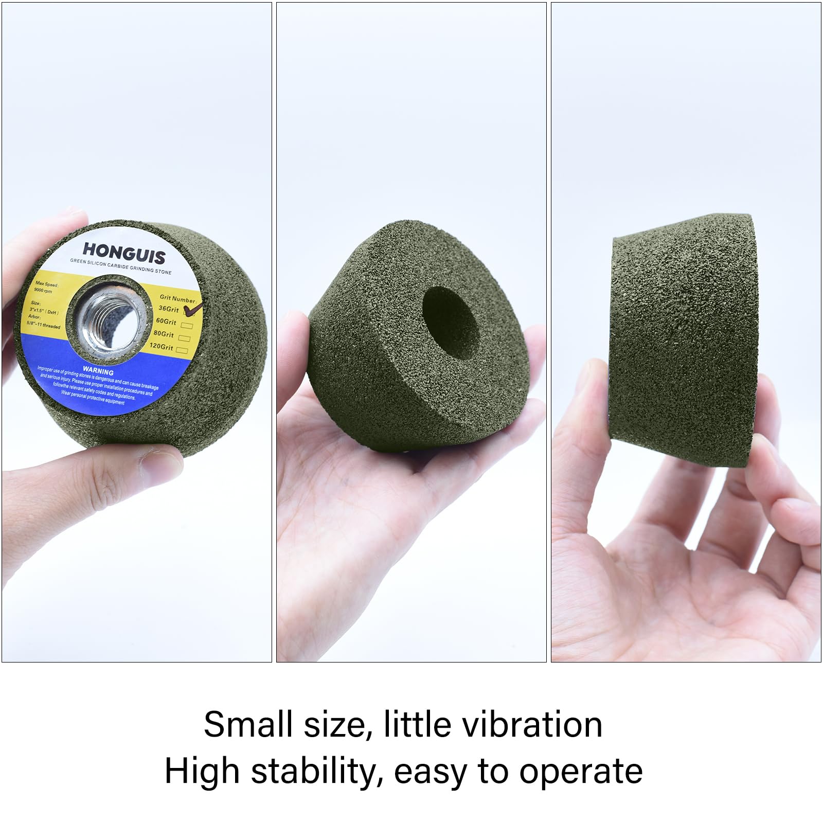 Rueda de piedra de molienda SiC verde de 3 pulgadas, grano 60, 0.62 pulgadas - 11 para hormigón | Baja vibración, fácil control; carburo de silicio verde duro, larga vida; para granito, mármol, hormigón; requiere brida