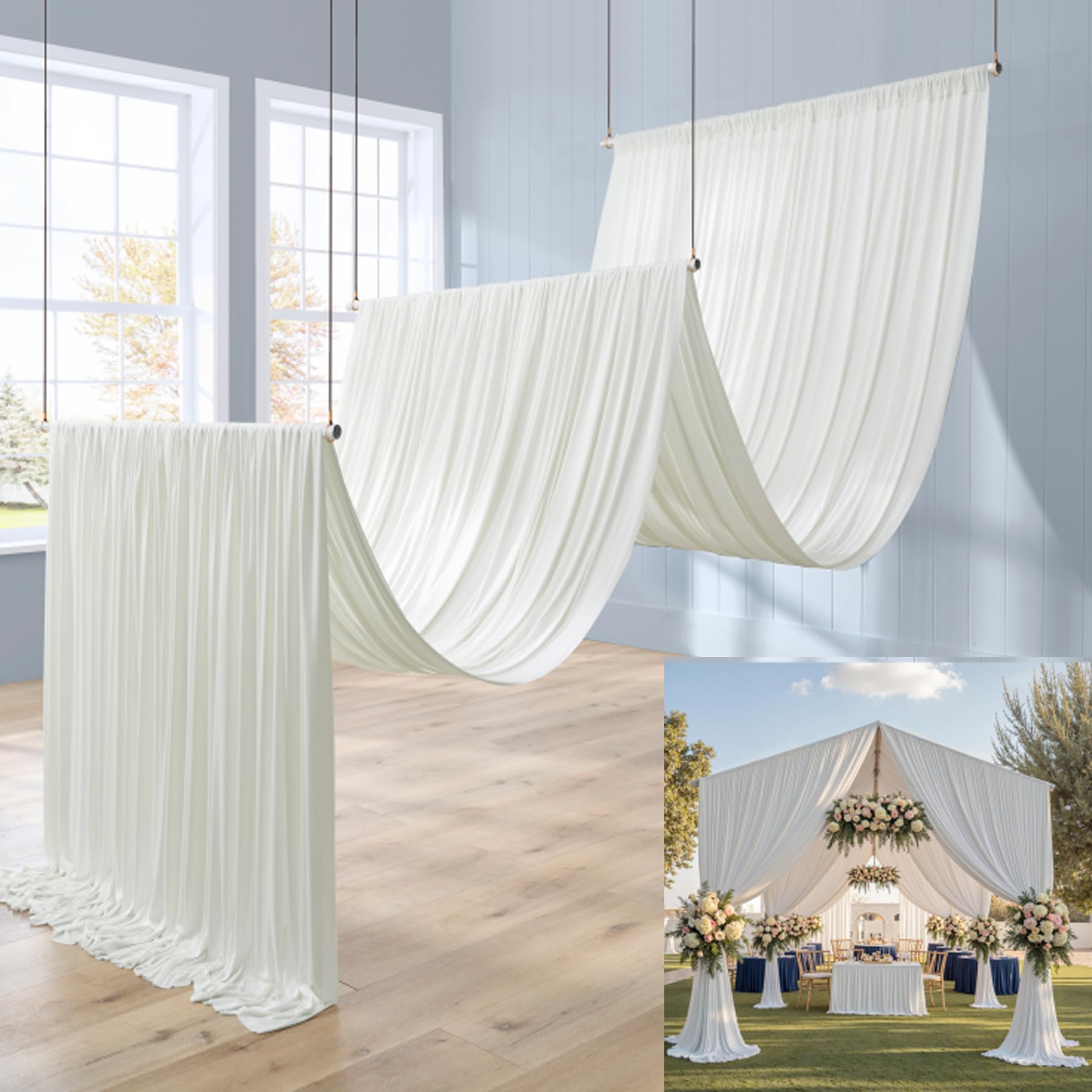 Htper 6 Panels 5x20ft Ivory Ceiling Drapes for Wedding Parties, Wrinkle Free Thick Polyester 20ft Extra Long Wedding Draping Ivory Ceiling Curtains