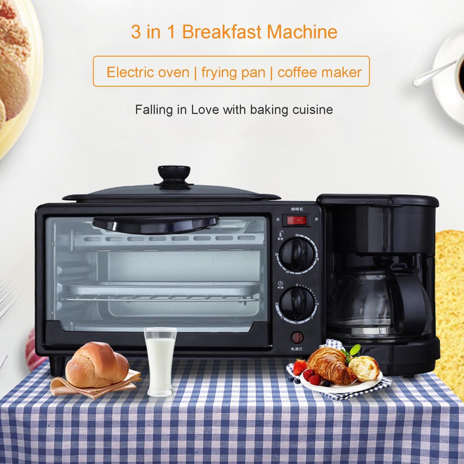 Stazione Colazione 3 in 1, Macchina per la Colazione Multifunzionale da 1250W con Forno Tostapane Antiaderente da 9L, Macchina da Caffè a Goccia e Padella per Piccola Cucina in Appartamento