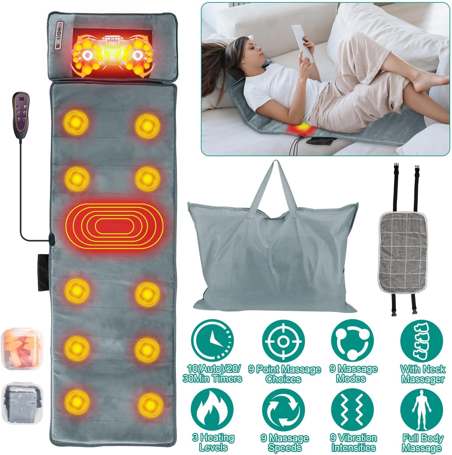 imountek full body massage mat with heat two earplugs- 10 vibration motors & 9 modes?back massager chair pad, neck massager with with neck massage pillow timer anti-slip bottom for gifts (advanced)
