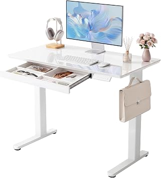 YDN Glass Standing Desk with Drawers 40x24 Inch Super White