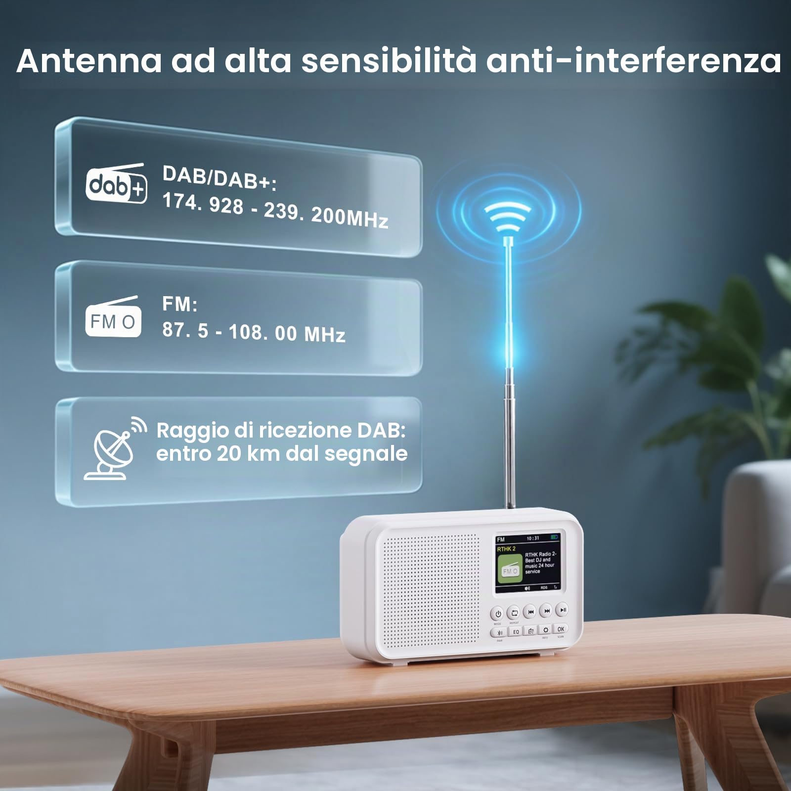 ROCAM Radio Portatile DAB/DAB+/FM con Bluetooth 5.0 &Altoparlante Hi-Fi, 3000mAh Batteria Ricaricabile, 2,4"Display, Doppia Sveglia,40 DAB/FM Stazioni Preimpostate,12 Lingue, TF Slot per Scheda,Bianco