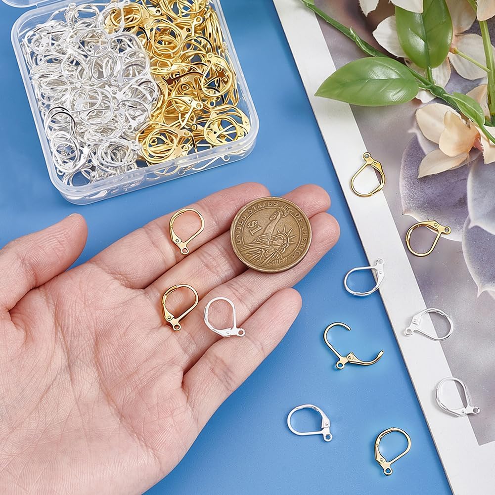 Beebeecraft 100Pcs 2 Colors 316L Surgical Stainless Steel Leverback Earring Findings 14K Gold & Sterling Silver Plated Hypoallergenic French Earring Hooks Lever Back Dangle Ear Wire for Jewelry Making image 3