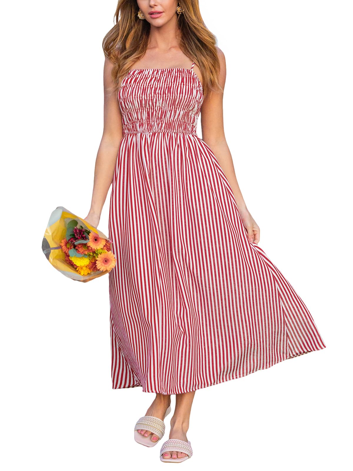 CUPSHE Robe longue à smocks à rayures pour femme - Bretelles spaghetti - Robe d'été fluide - Robe d'été longue pour la plage et les vacances
