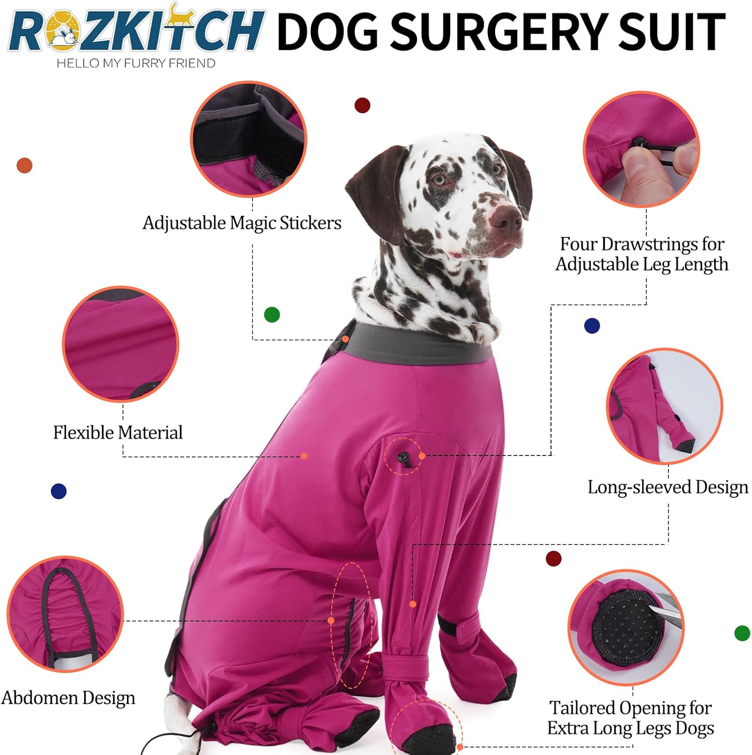 ROZKITCH Dog Surgical Recovery Suit, Long Sleeve for Post-Operative Wounds, Prevent Licking & Shedding, E-Collar Alternative for Large Dogs (Male/Female) 4-Leg Rosered XL