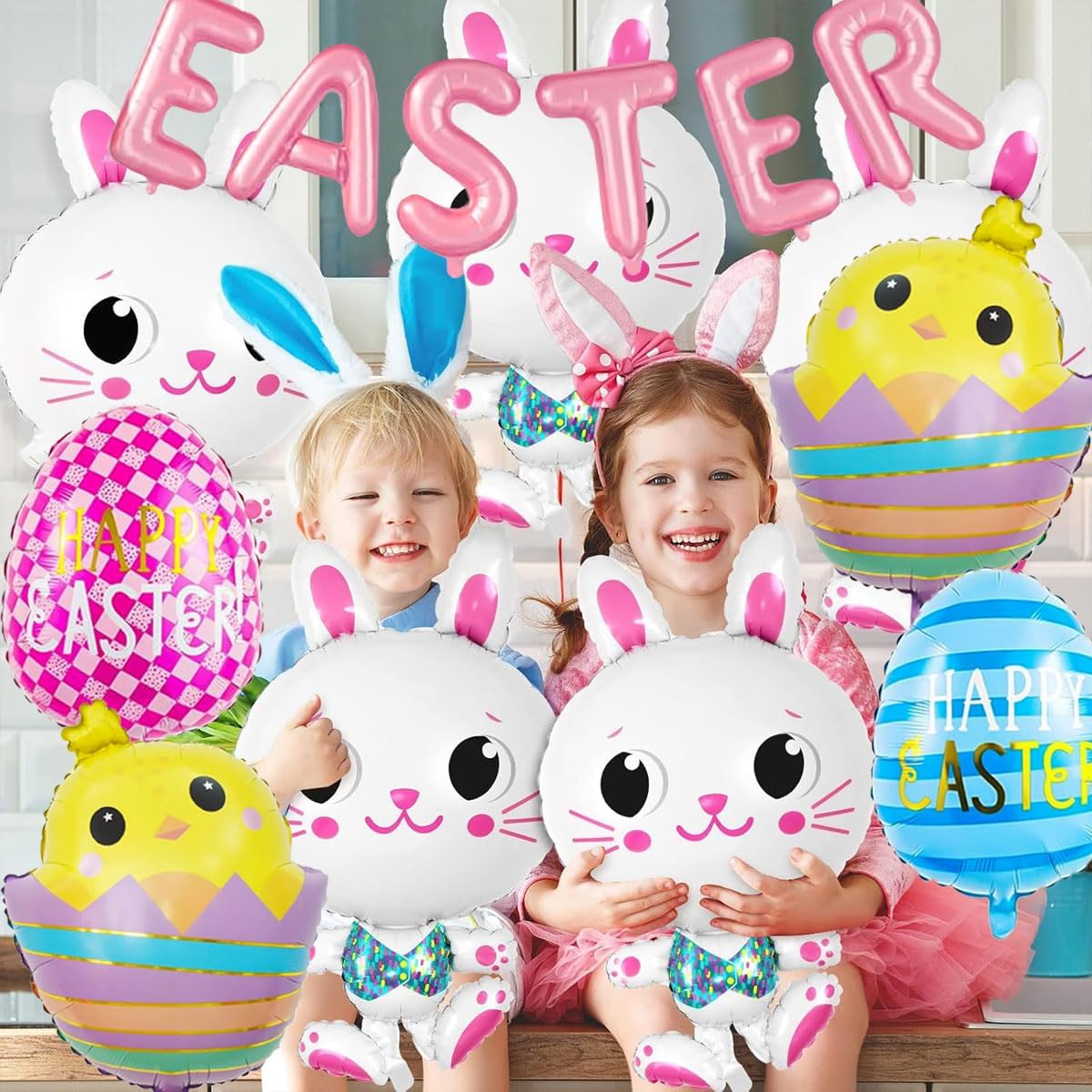 6pcs Easter Party Decorations Set, 16 Inch Pink Happy Easter Balloons, Chick Rabbit Egg Balloons, Mylar Balloon For Birthday Baby Shower Party Supplies