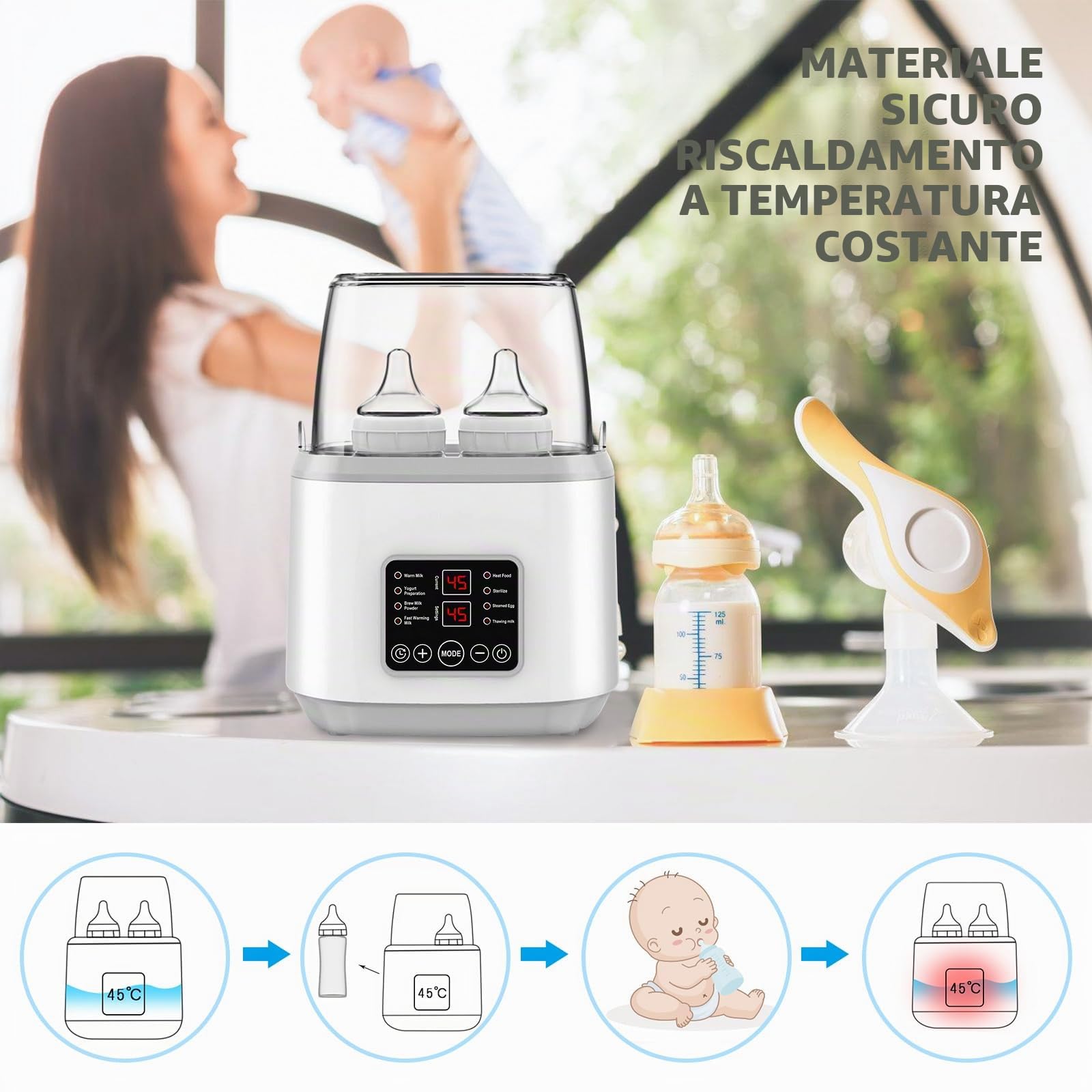 Scaldabiberon per bambini, sterilizzatore 8 in 1 per biberon con pianificazione intelligente, sterilizzazione a vapore, funzione di mantenimento del calore 24H, scalda biberon (grigio)