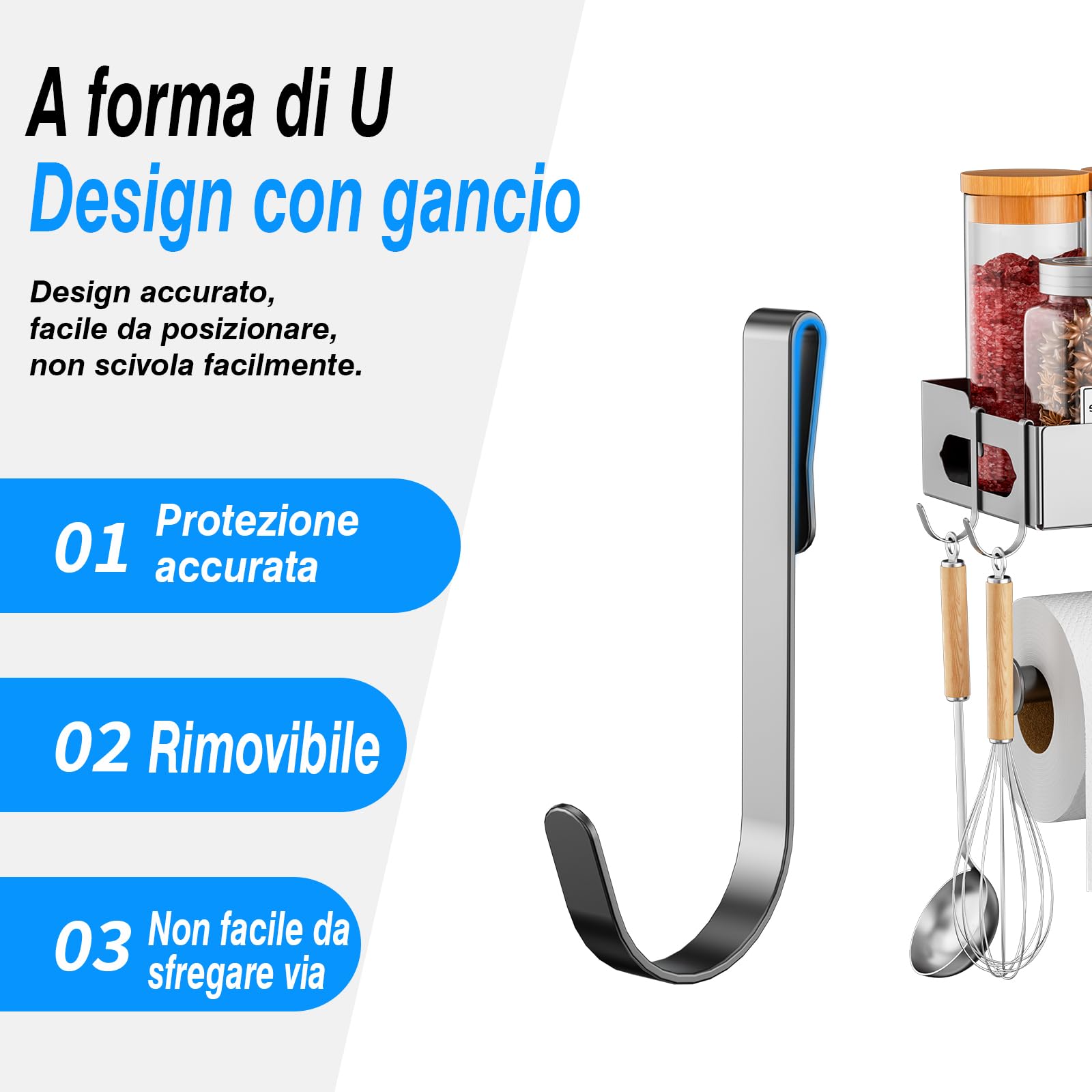 BOIVSHI portaspezie con portarotolo e ganci, Portaspezie Da Appendere con portaro tolo, mensola da cucina da parete, argento