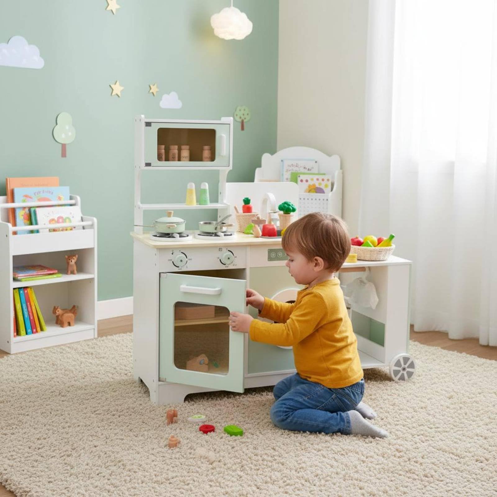 Kinder Spielküche Holz Kinderküche Spielset Küche Spielzeug Kochen Spüle Herd Kühlschrank Mikrowelle Robuste Holzkonstruktion mit Kompaktem Aufbau