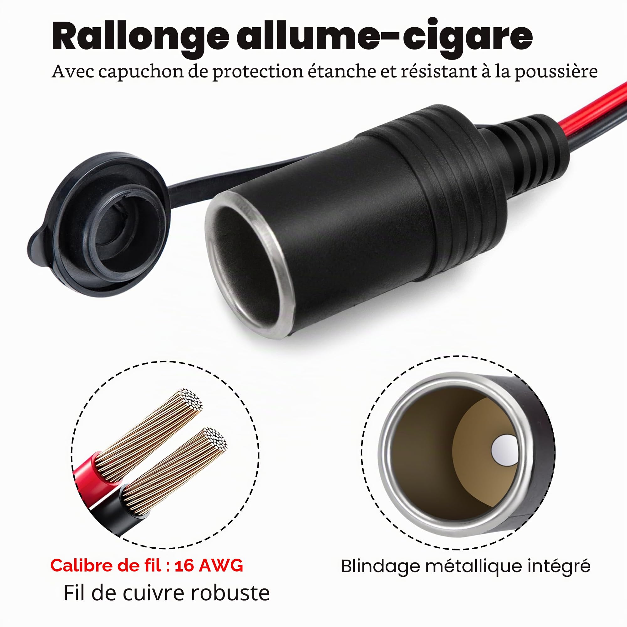 1M Rallonge Allume Cigare 12 V/24 V Prise Allume Cigare 16 AWG Câble d'extension Adaptateur avec Fusible 15A pour Camion Bateau Réfrigérateur Voiture