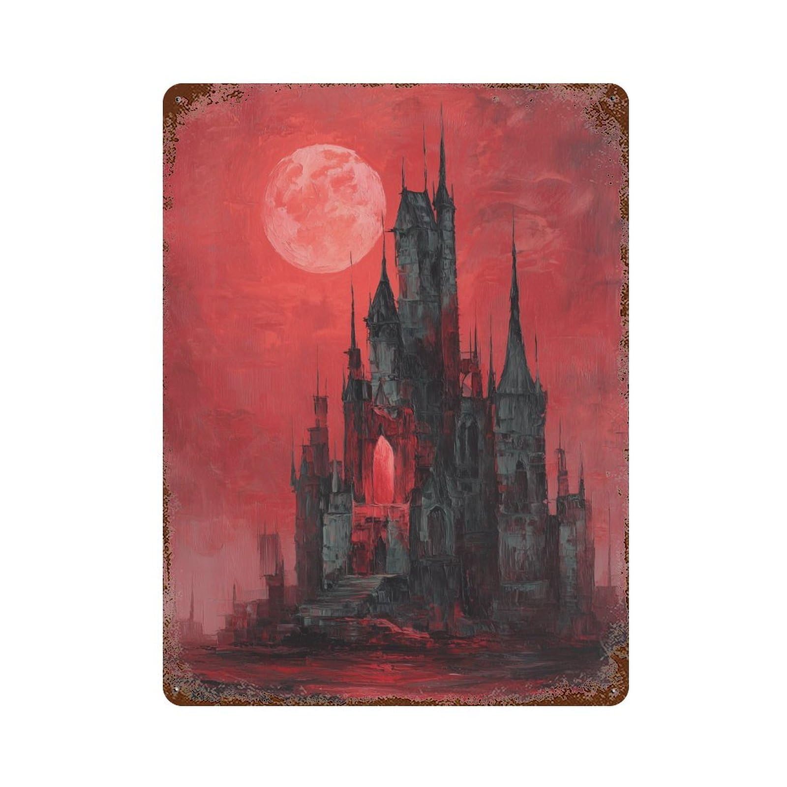 Gothic Castle with Blood Moon Rust Effect Tin Sign 15.7"x11.8", Farmhouse Wall Decor for Living Room, Hallway And Home Decor