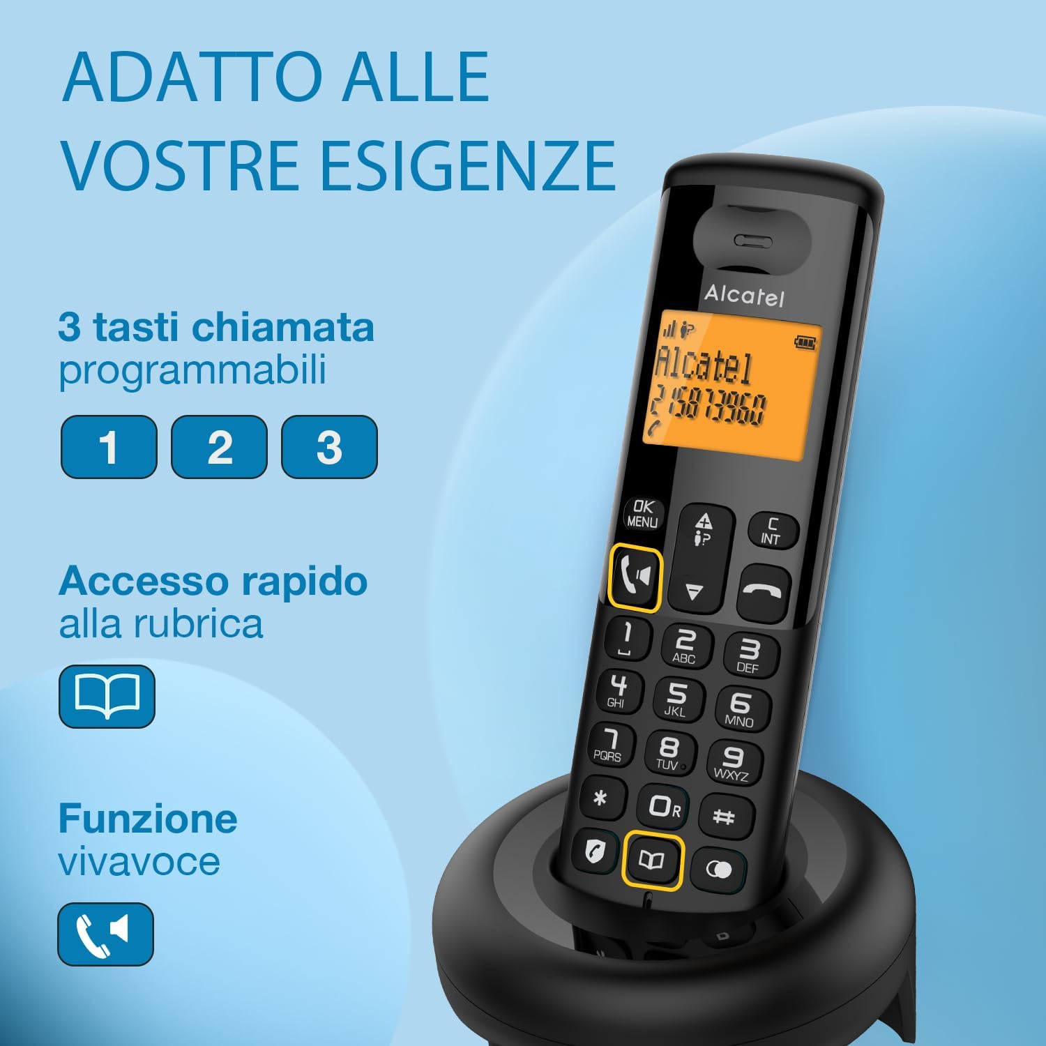 Alcatel E260 Cordless DECT Phone on its charging base, showing programmable keys 1, 2, 3, quick phonebook access, and hands-free function.