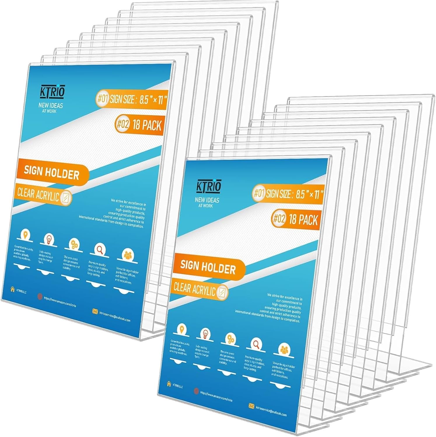 KTRIO Acrylic Sign Holder 8.5x11 Inches 18 Pack, Clear Display Stand Paper Frame, Plastic Menu Flyer Stand, Slant Back Document Holder for Stores, Restaurants, Hotels, Office