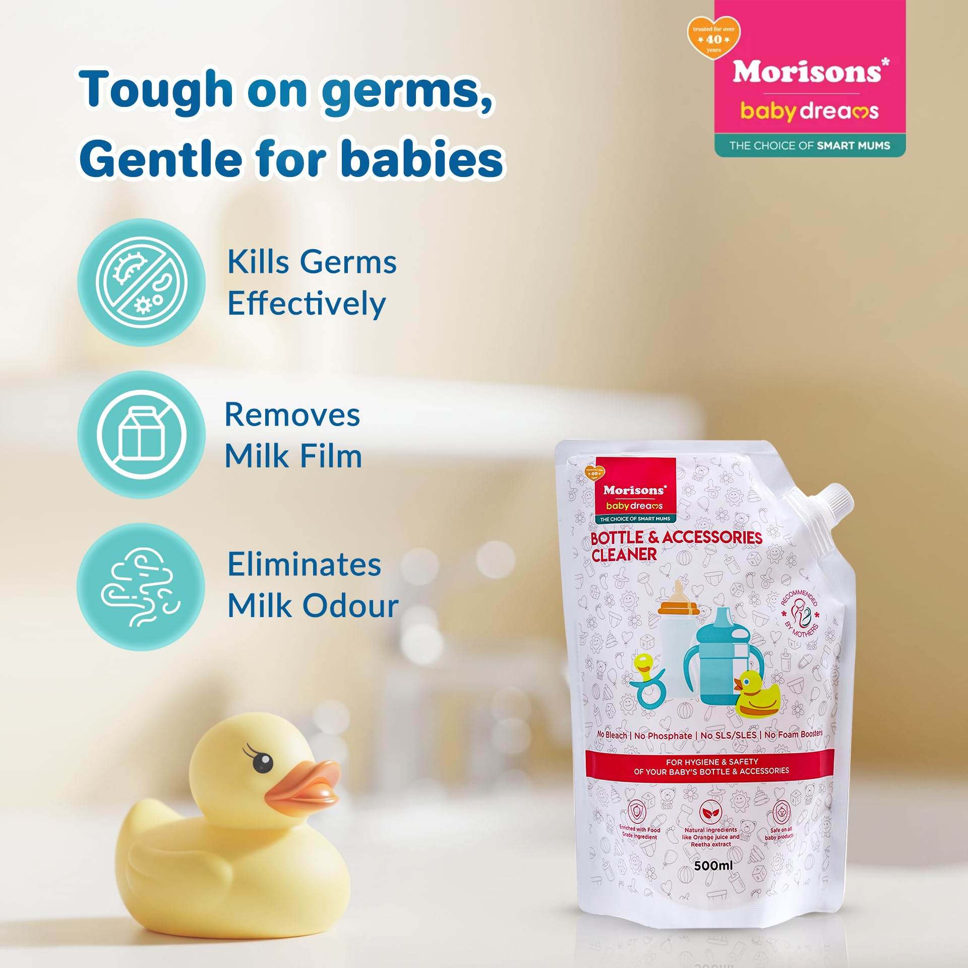 Morisons Baby Dreams Bottle & Accessories Cleaner - Refill Pack 500ml | Removes milk odour & stains effectively | Anti-bacterial | Made with Food Grade Ingredients I Contains 2