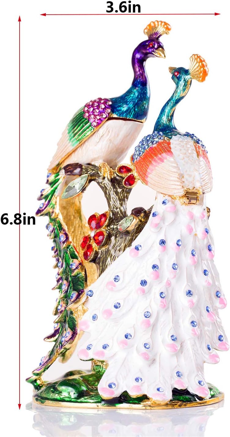 SEVENBEES Hand Painted Pair of Peacocks Figurine Enamel Hinged Jewelry Trinket Box - Image 2