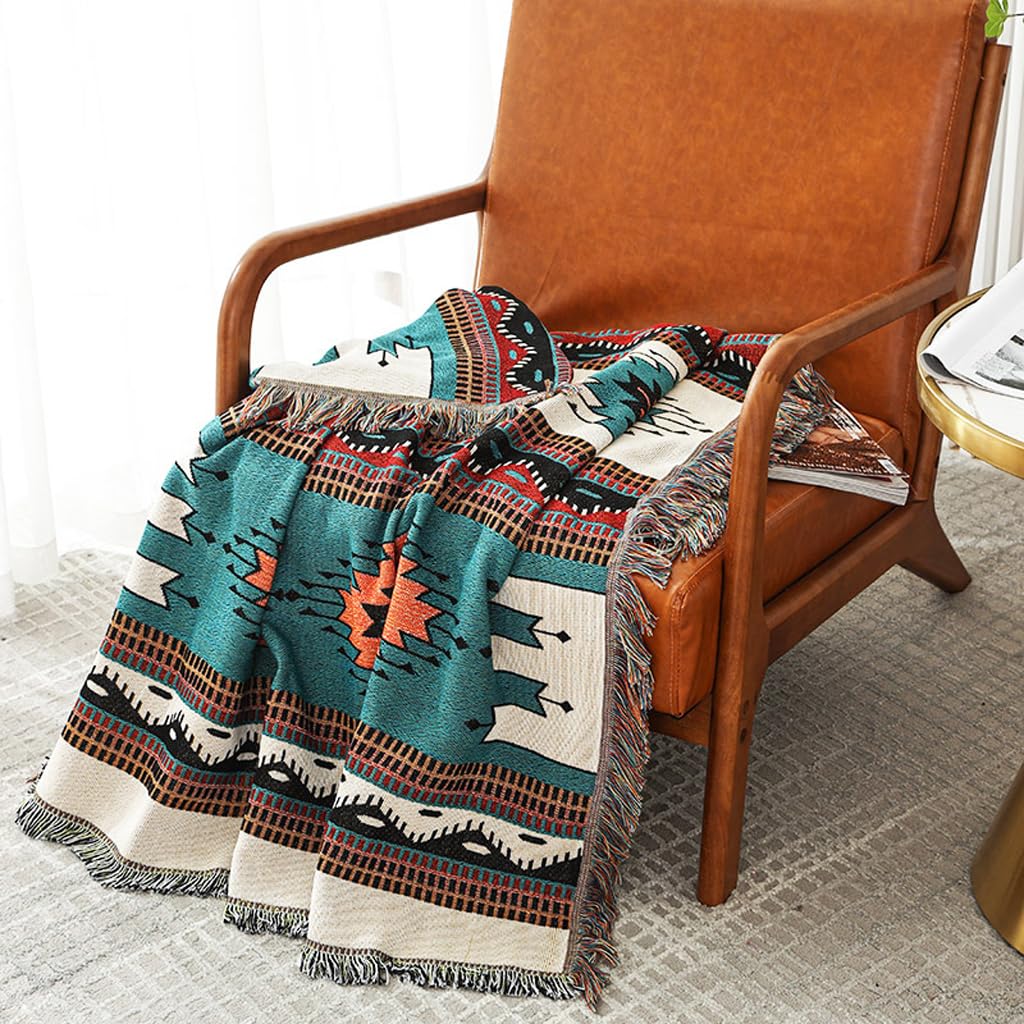 Copridivano boho con nappa, copridivano reversibile in stile etnico azteco, per casa, ufficio, viaggi, campeggio (Foresta verde, 180 * 230 cm)