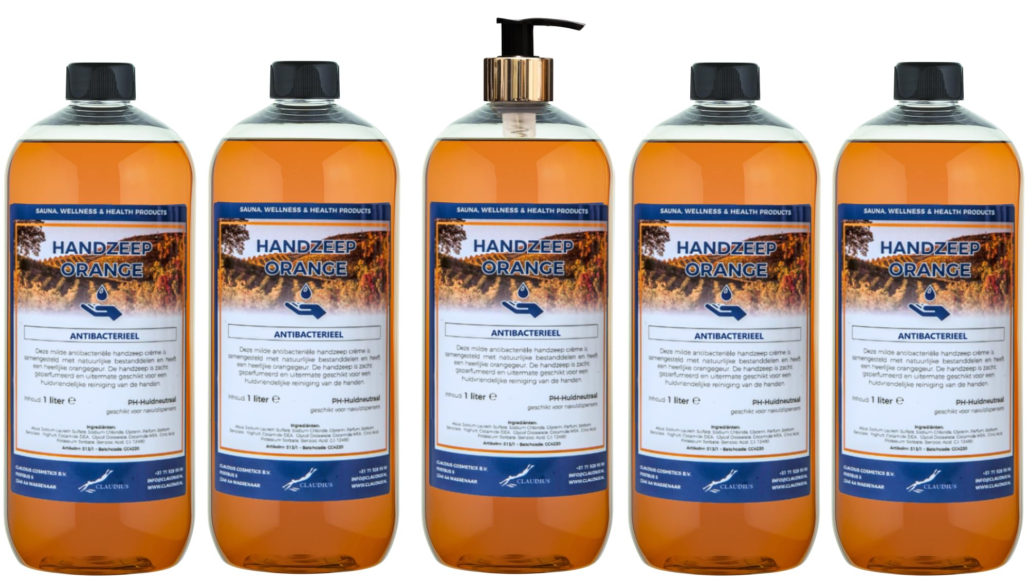 Handseife Orange 5 x 1 Liter mit Goldpumpe (transparent)