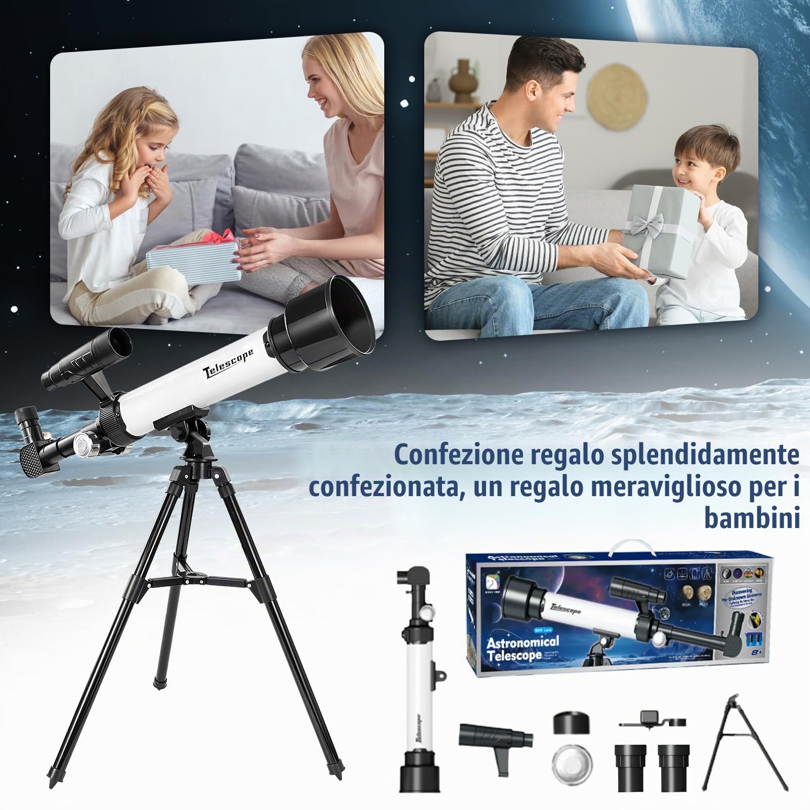 Telescopio Astronomico per Principianti Adulti Apertura 50 mm/500 mm, Telescopio Optics Rifrattore Portatile da Viaggio 30X/60X con Treppiede Regolabile