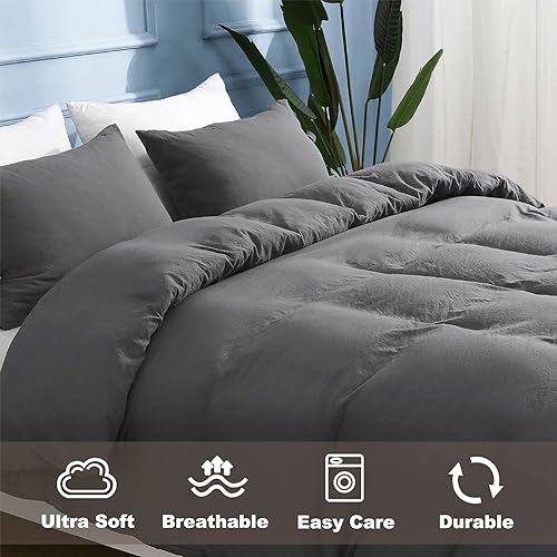 Miniatura 3 de ILAVANDE Juego de funda de edredón gris tamaño Queen, microfibra lavada ultra suave, funda de edredón de 3 piezas con corbatín, 1 funda de edredón