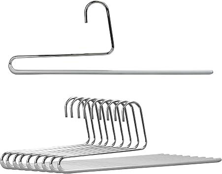 Mawa by Reston Lloyd Reverse Hook Trouser Series Non-Slip Space-Saving Clothes Hanger with Single Rod for Pants, Style KH/35U, Set of 10, Silver