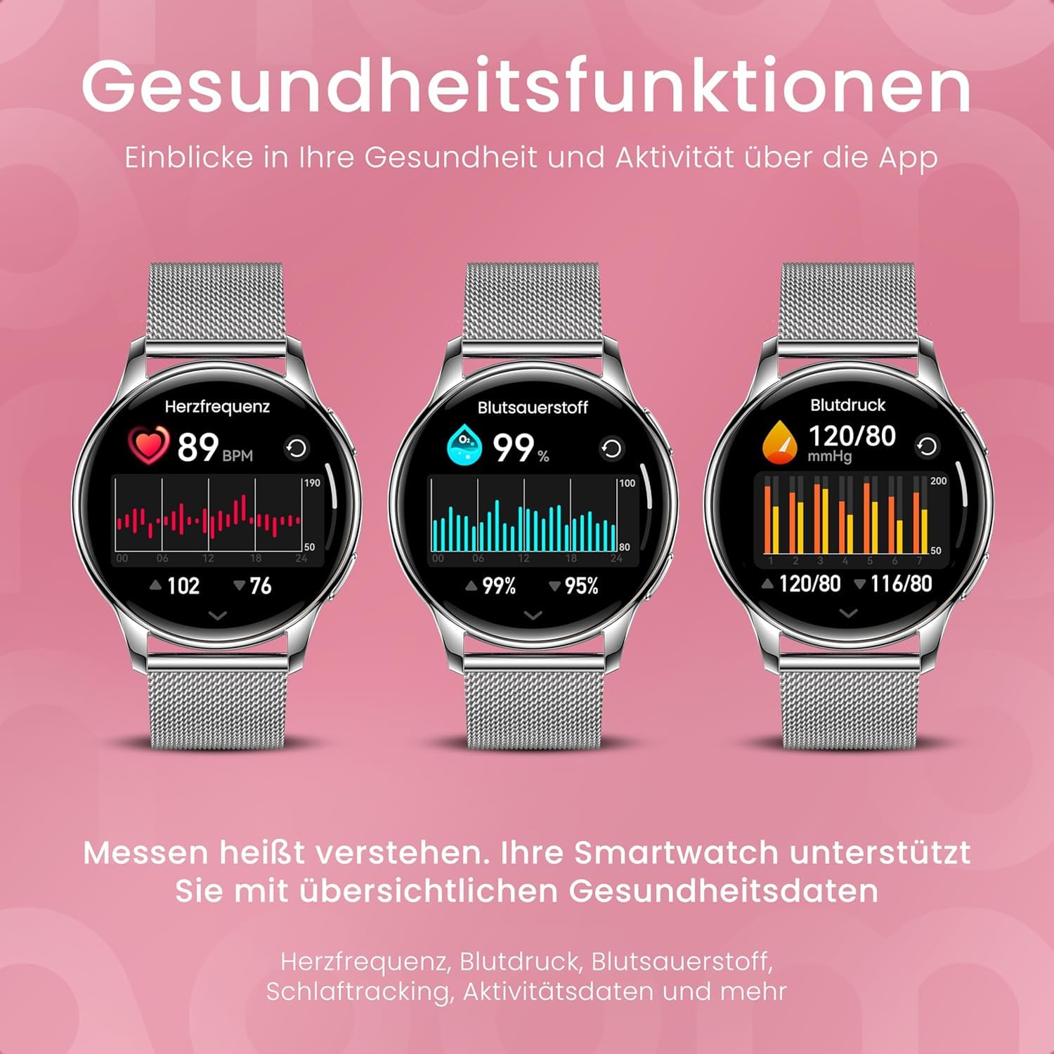 Maoo Ventura Smartwatch Damen 1,32 Zoll AMOLED Display Herzfrequenzmesser SPO₂ Blutdruckmesser IP67 wasserdicht 5 Armbänder Silber