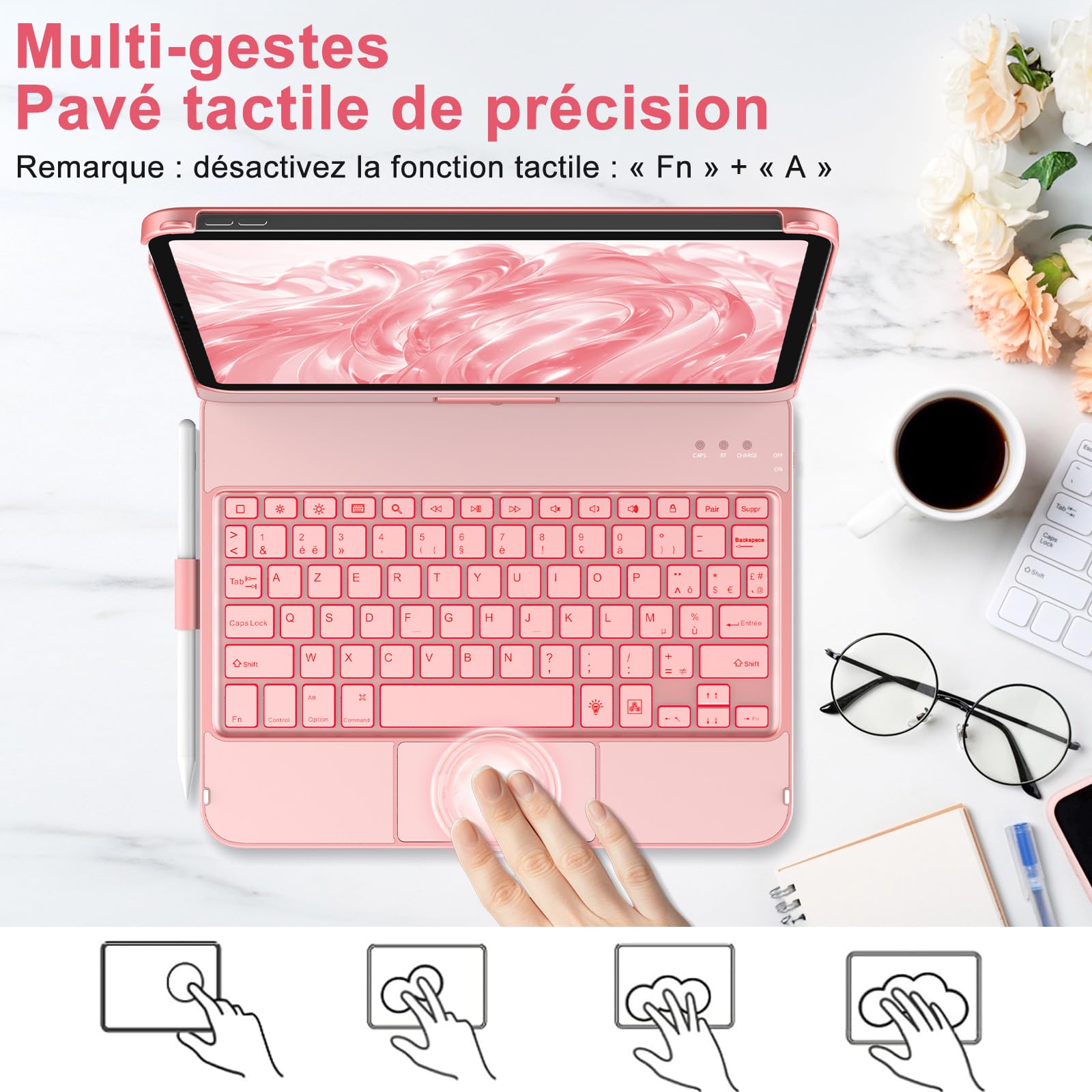 aMZCaSE Clavier pour iPad 10/11 Ème Gen(10.9Pouces 2022/11 A16 2025) avec Housse de Protection Rotative à 360° Porte-Stylet étui Clavier Rétroéclairé 7 Couleurs rétro-éclairé Français (Or Rose)