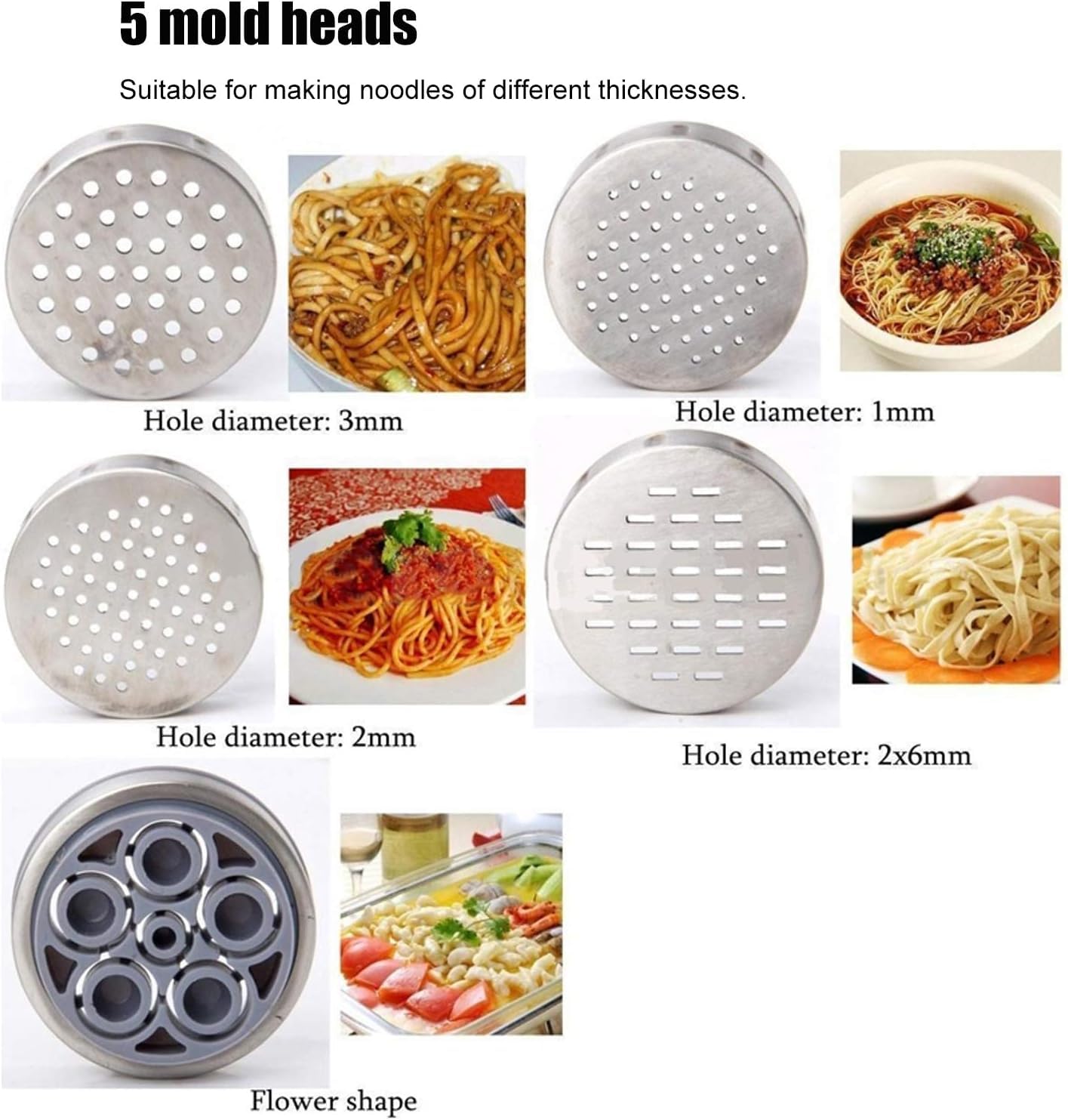 Máquina Manual para Hacer Pasta con 5 Cabezales Intercambiables para prensar la Masa y Preparar Fideos caseros, Espaguetis y Pasta Fresca.