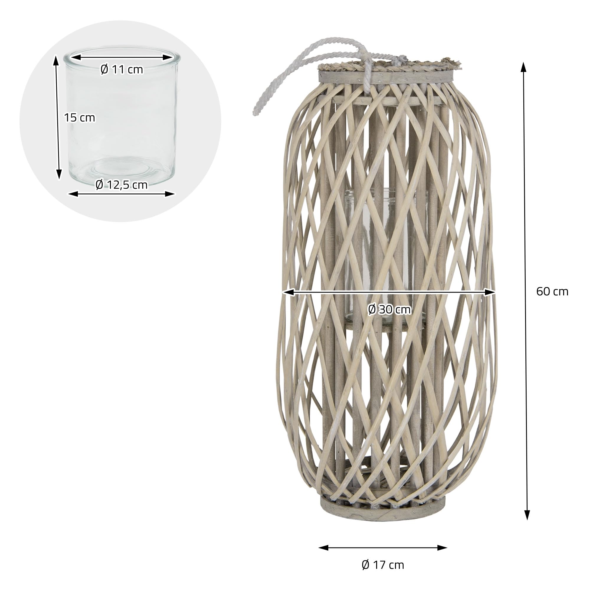 ECD Germany Lanterne Rotin 60 x Ø30 cm Poignée Bois Naturel Gris/Marron Décoration Rétro Vannerie Jardin Extérieur
