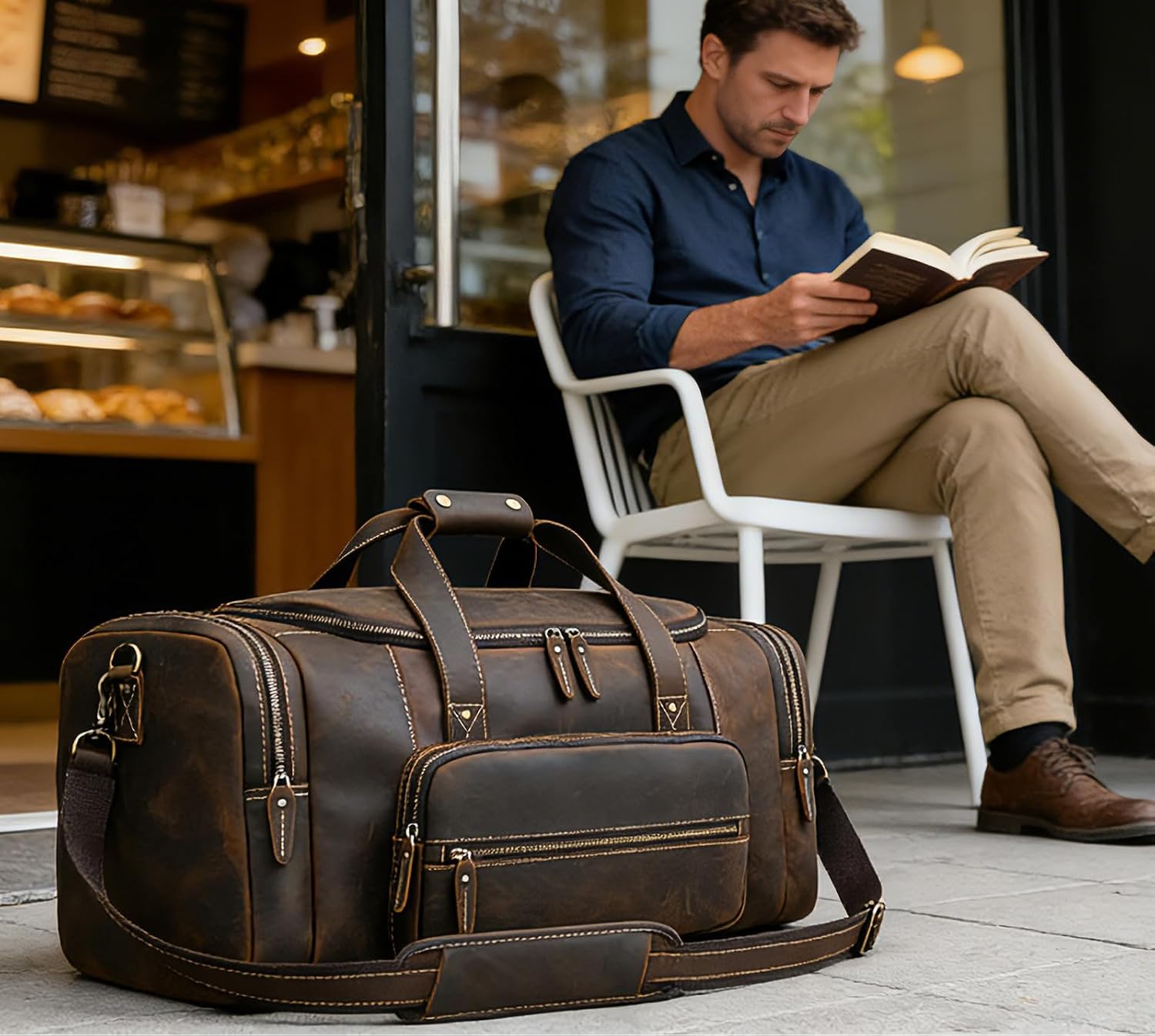 Full Grain Cowhide Leather Gym Duffle Weekender Overnight Travel Duffel Bag For Men