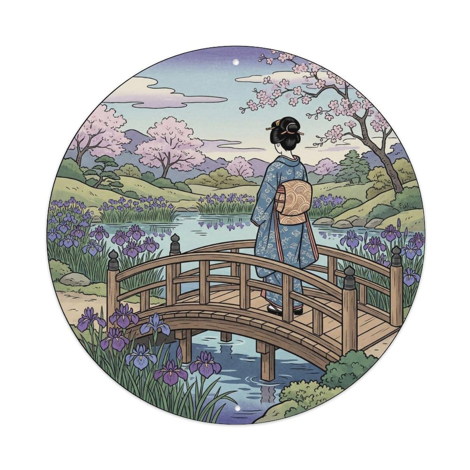 Yrnq 8X8inch Vintage Style Japanese Kimono Lady Iris Garden Pond Elegant Landscape Metal Tin Sign