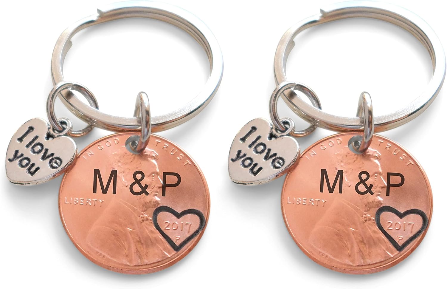 Custom Hand Stamped 2 Personalized Penny Keychains, Anniversary Gift, Husband Wife Key Chain, Boyfriend Girlfriend Gift, Customized Couples Keychains